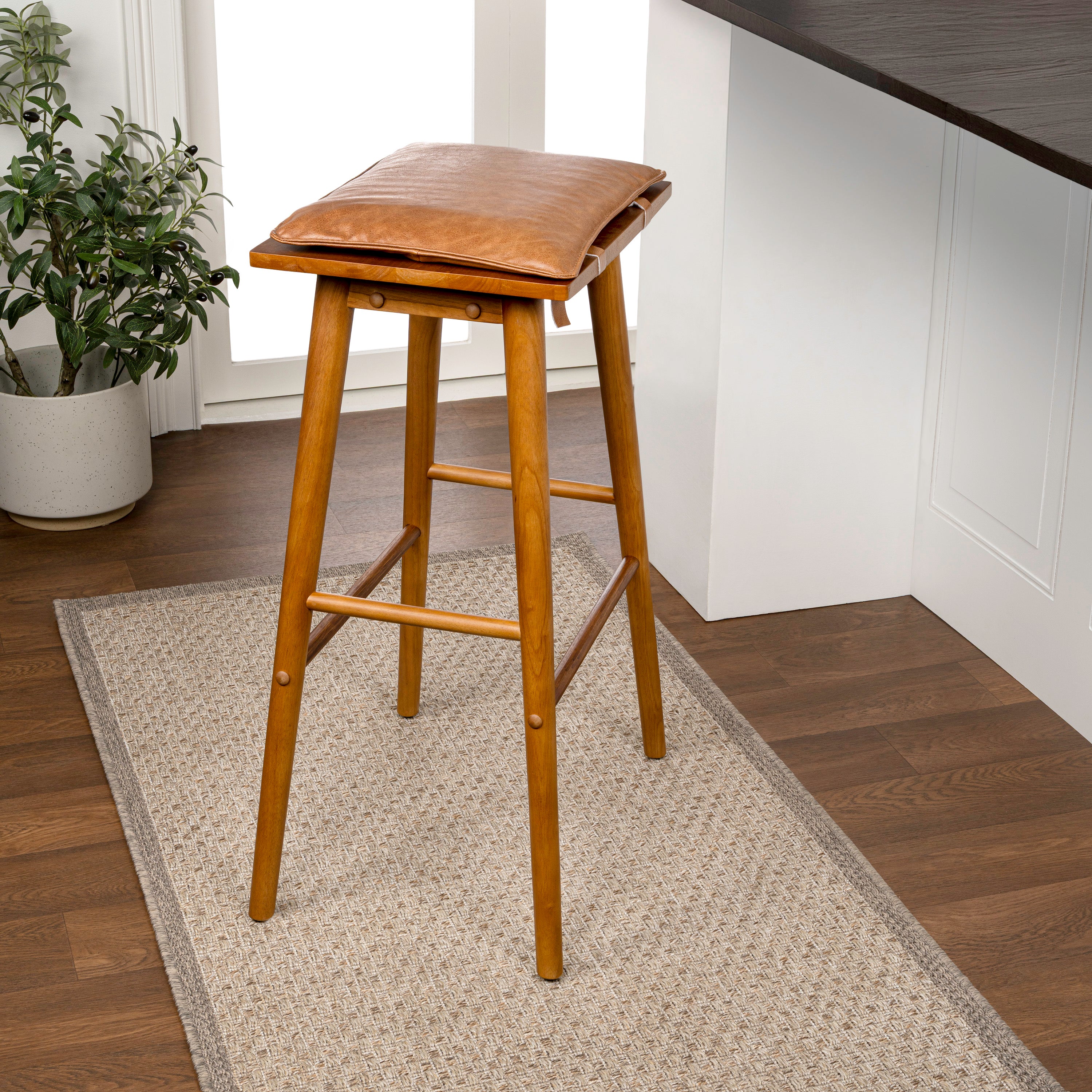Peron MidCentury Classic Saddle-Seat Solid Wood/Vegan Leather Backless Bar Stool with Removeable Cushion
