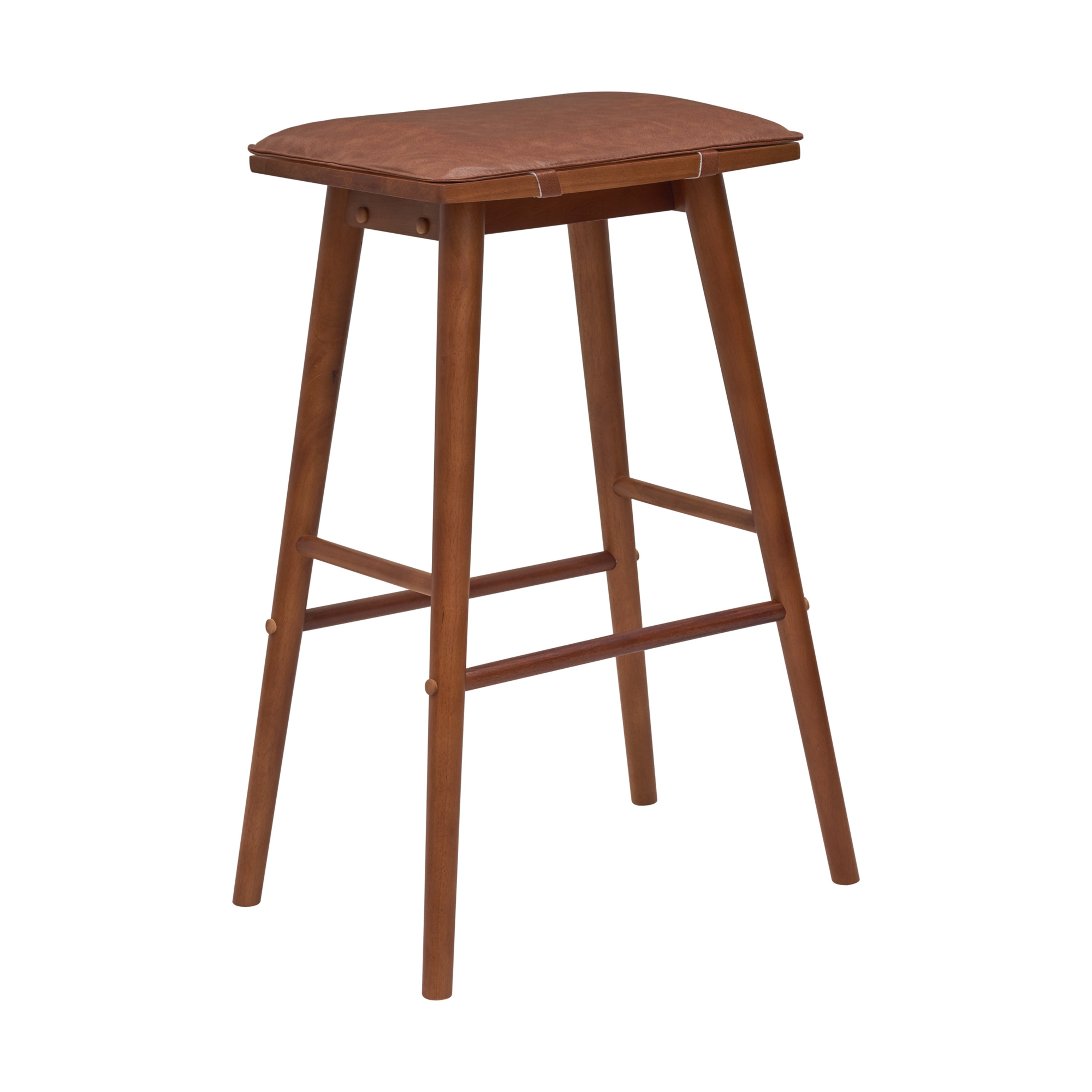 Peron MidCentury Classic Saddle-Seat Solid Wood/Vegan Leather Backless Bar Stool with Removeable Cushion