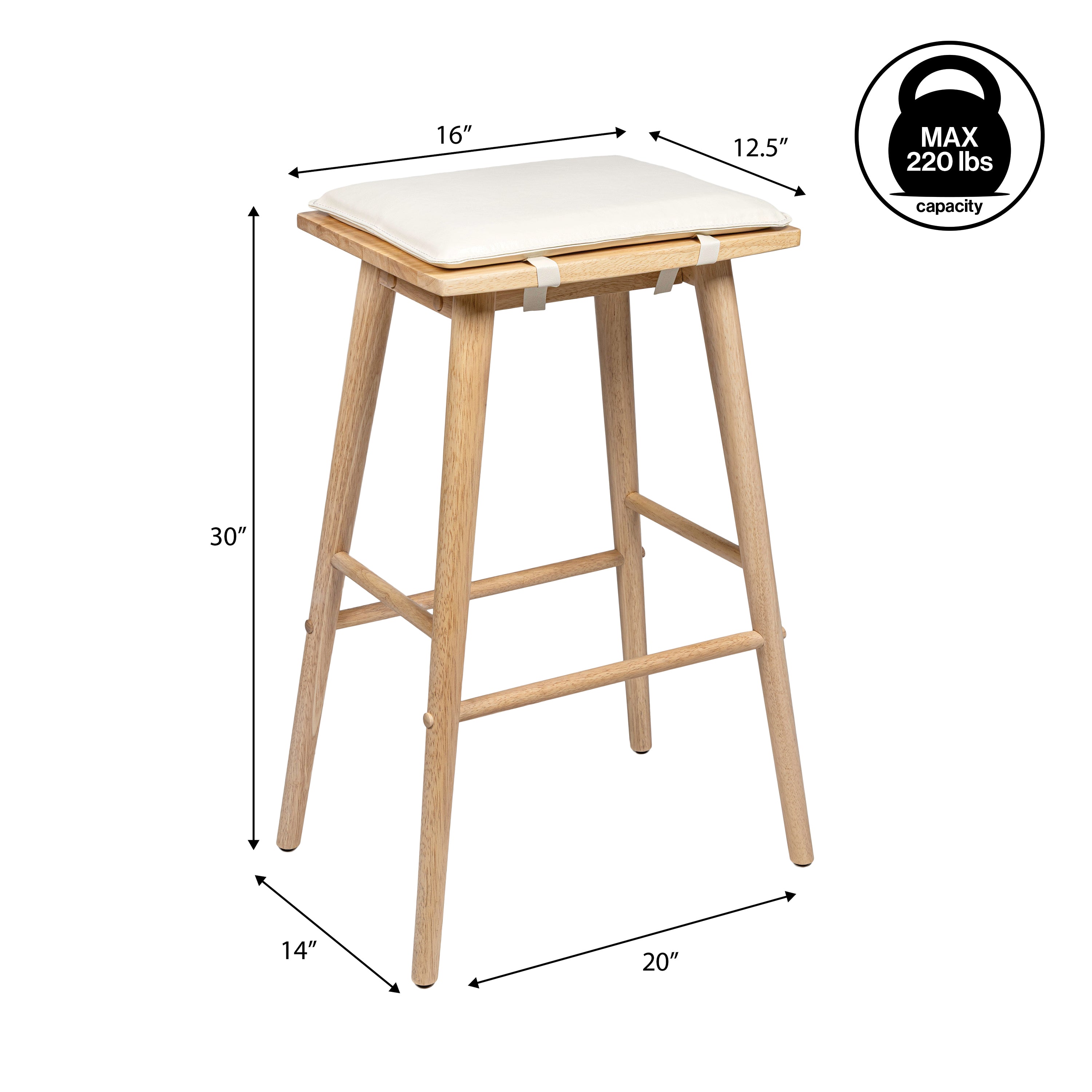 Peron MidCentury Classic Saddle-Seat Solid Wood/Vegan Leather Backless Bar Stool with Removeable Cushion