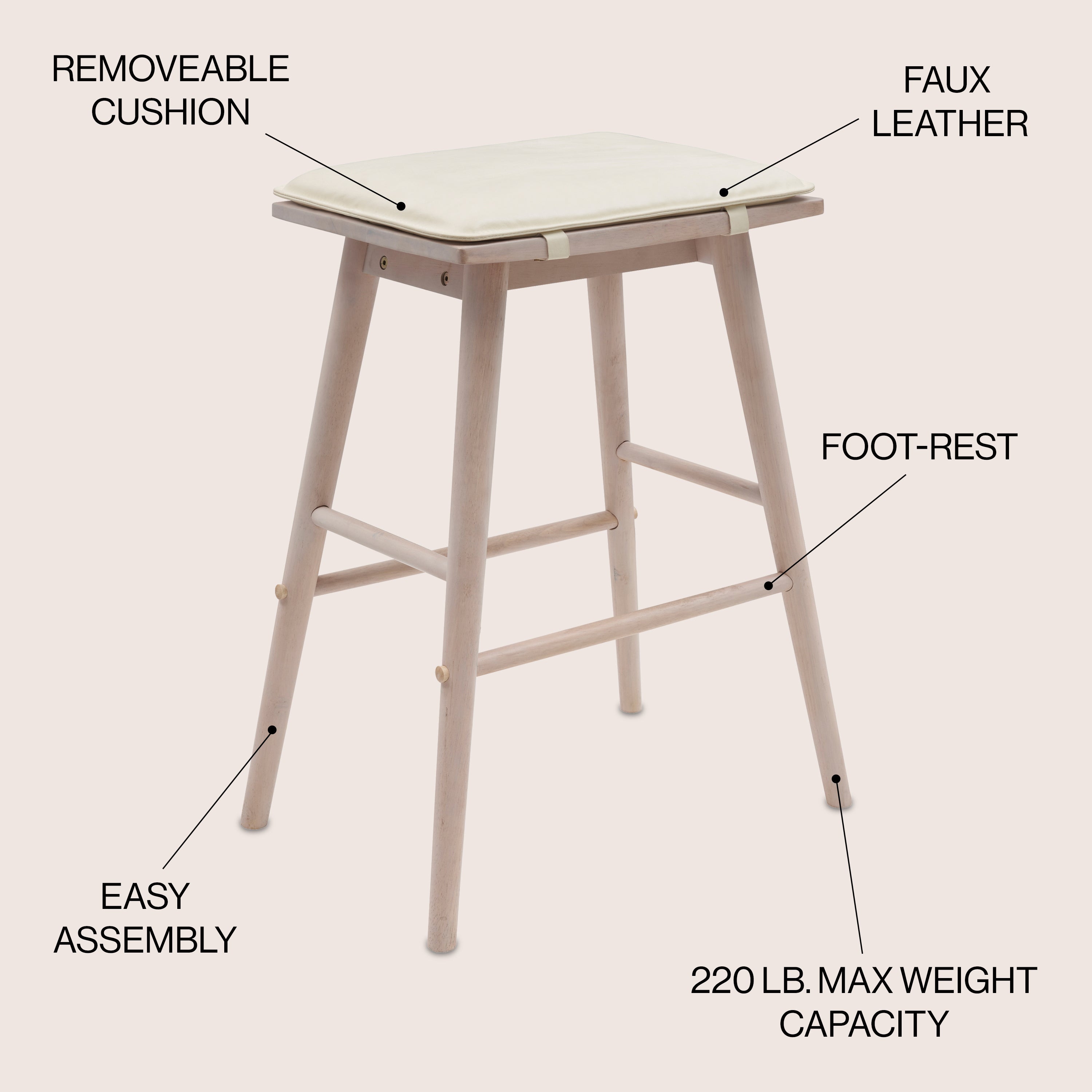 Peron MidCentury Classic Saddle-Seat Solid Wood/Vegan Leather Backless Bar Stool with Removeable Cushion