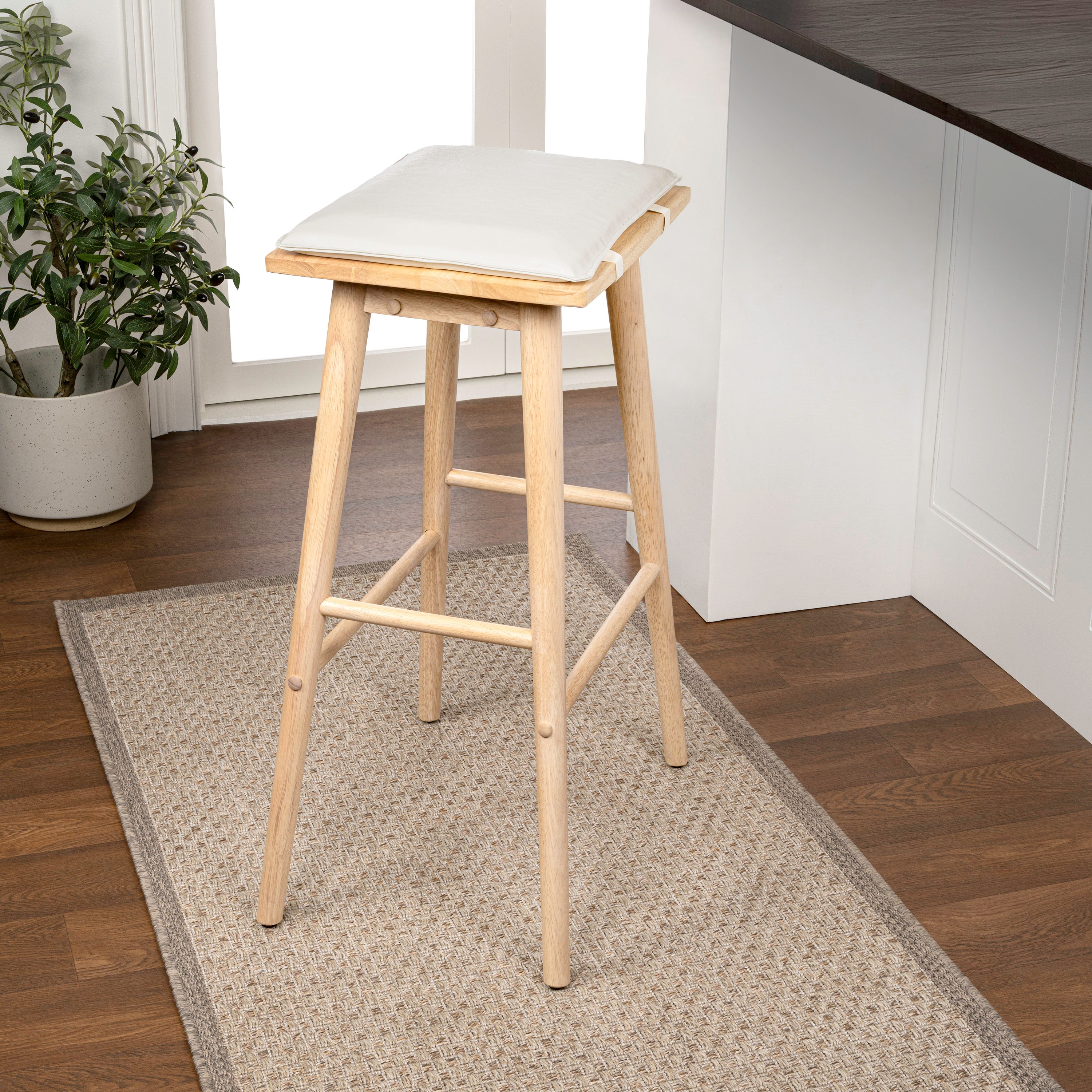 Peron MidCentury Classic Saddle-Seat Solid Wood/Vegan Leather Backless Bar Stool with Removeable Cushion