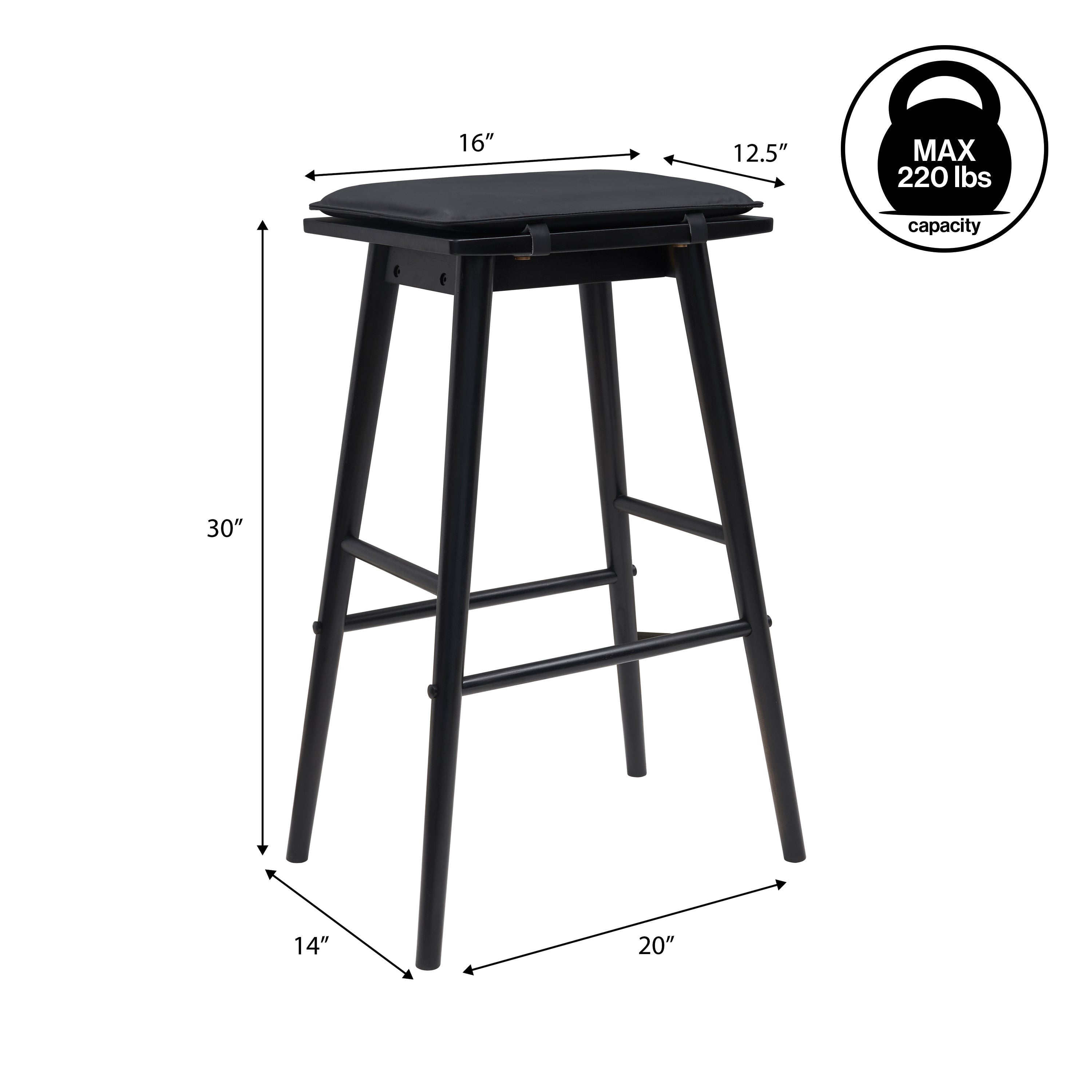 Peron MidCentury Classic Saddle-Seat Solid Wood/Vegan Leather Backless Bar Stool with Removeable Cushion
