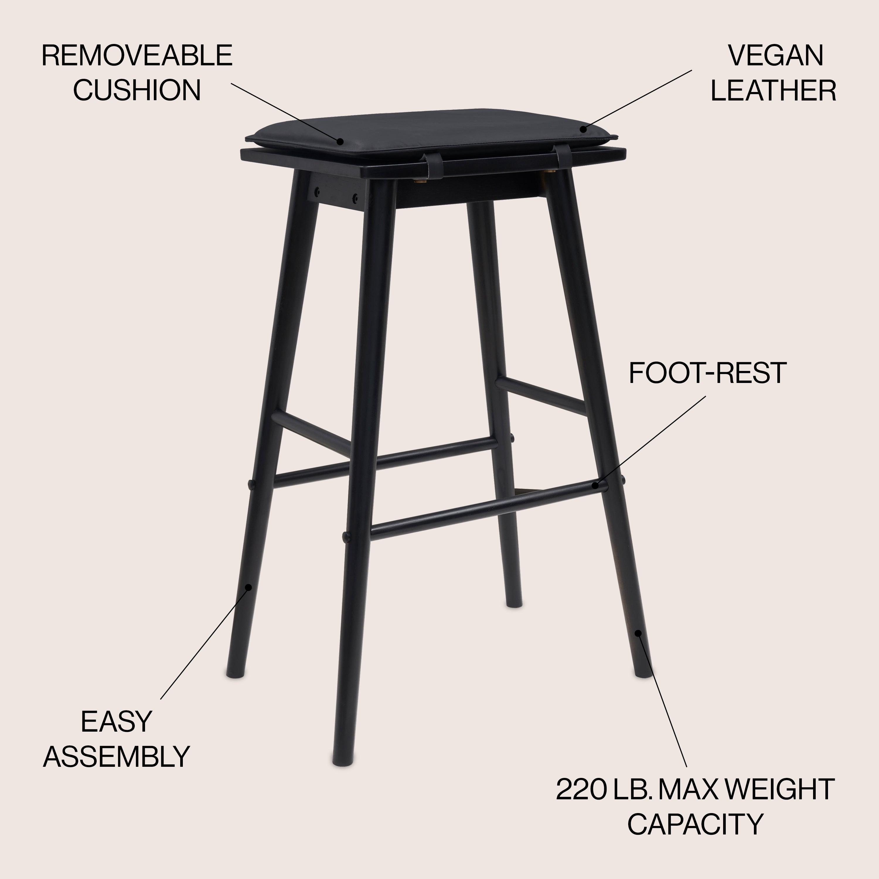 Peron MidCentury Classic Saddle-Seat Solid Wood/Vegan Leather Backless Bar Stool with Removeable Cushion