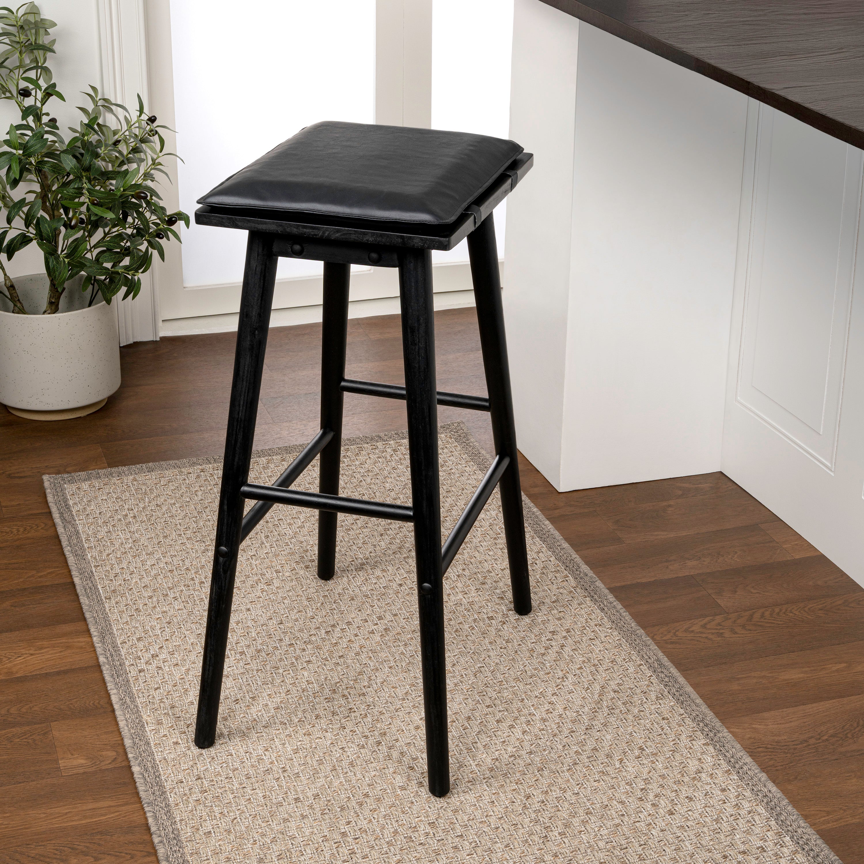 Peron MidCentury Classic Saddle-Seat Solid Wood/Vegan Leather Backless Bar Stool with Removeable Cushion