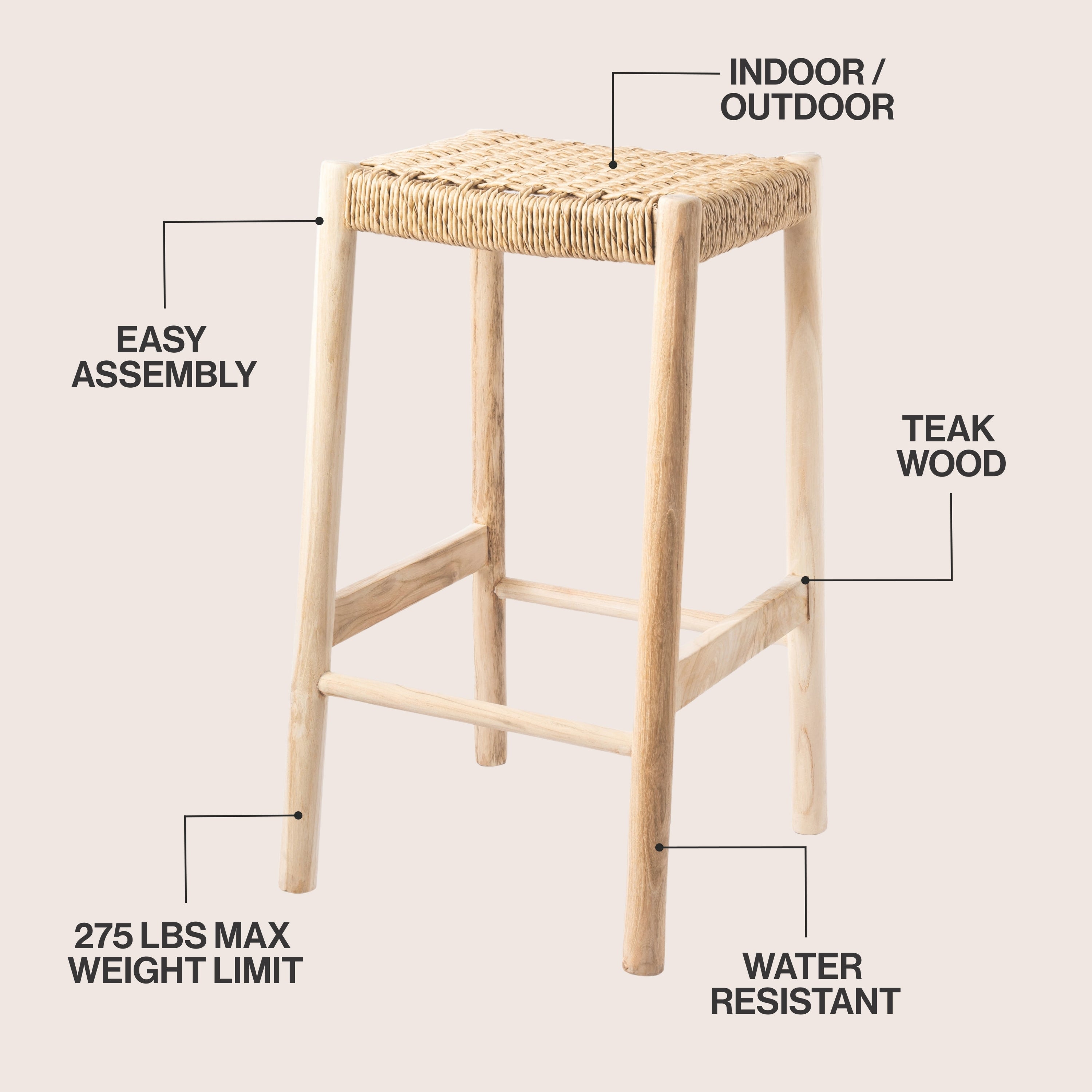 Armati Coastal Casual Handcrafted Teak Wood Backless Bar Stool