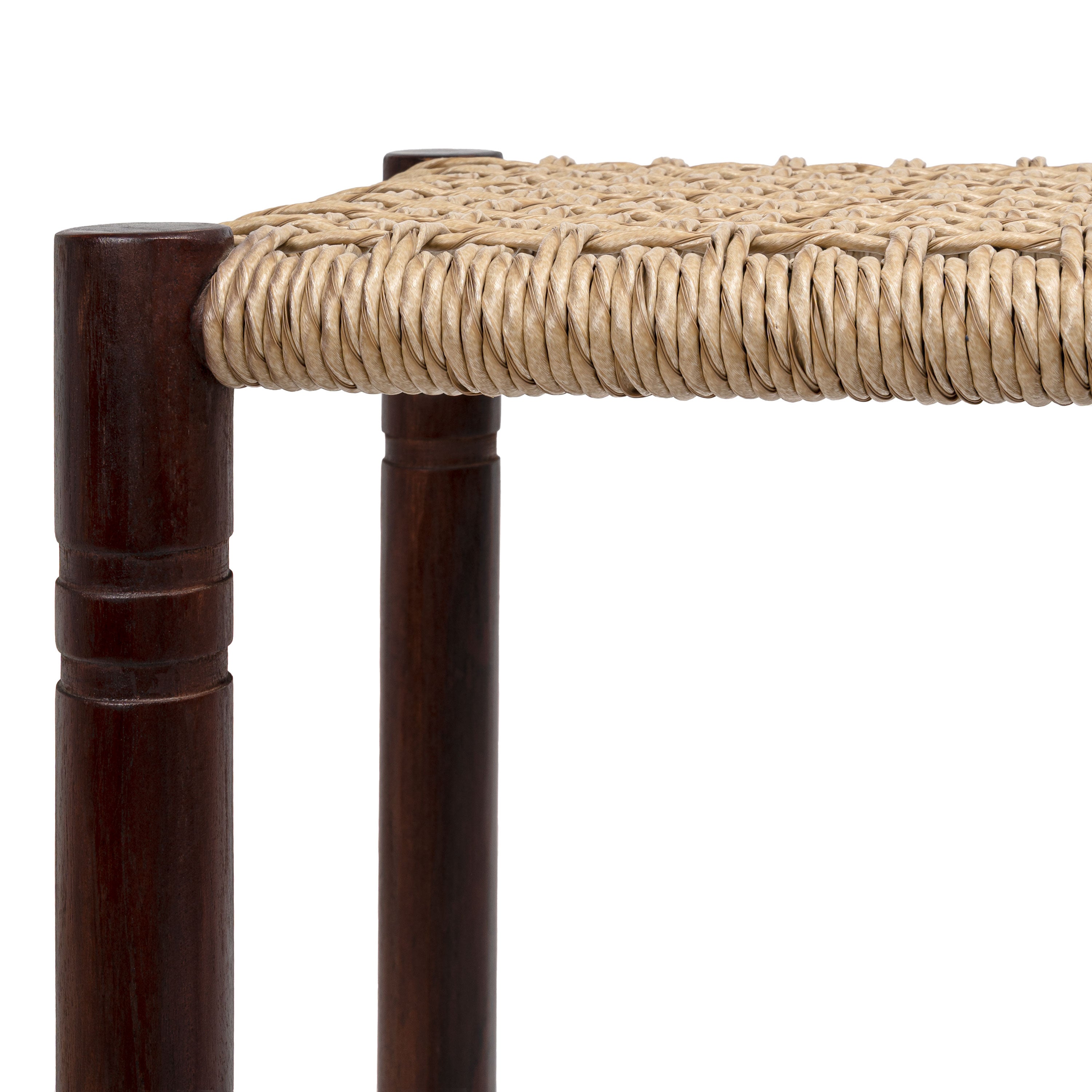 Columnar Casual Bohemian Handcrafted Teak Wood Backless Bar Stool with Synthetic Woven Rattan Seat