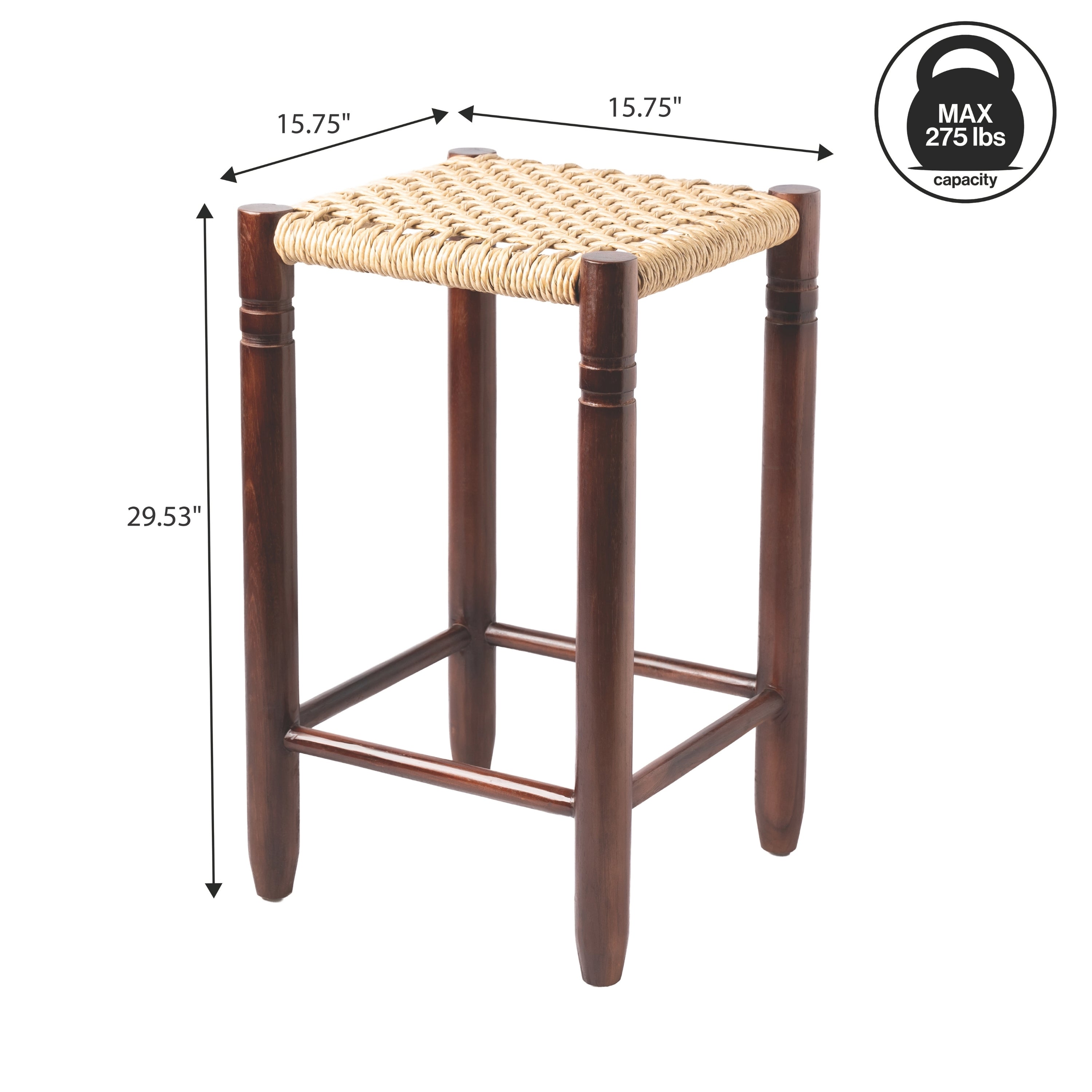 Columnar Casual Bohemian Handcrafted Teak Wood Backless Bar Stool with Synthetic Woven Rattan Seat
