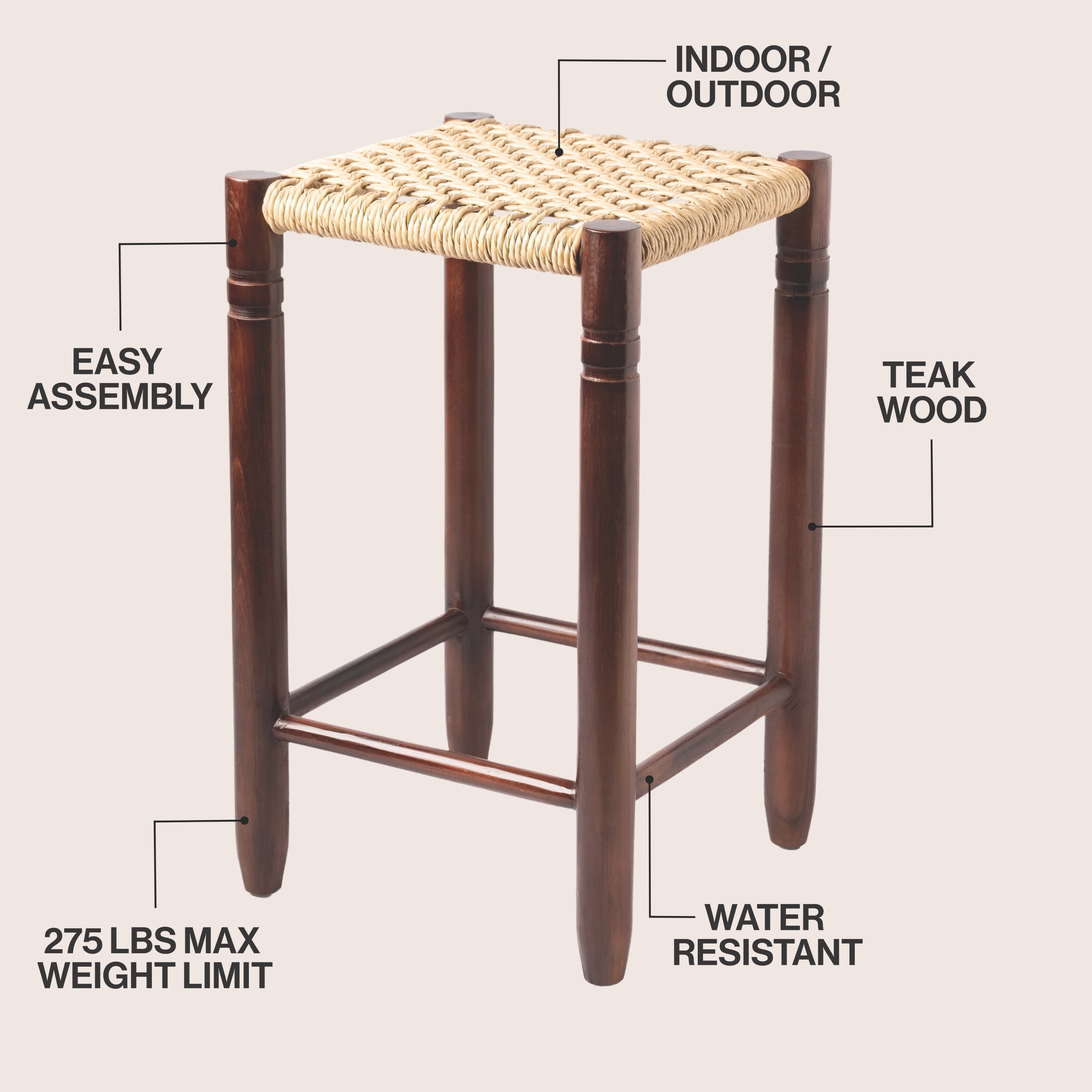 Columnar Casual Bohemian Handcrafted Teak Wood Backless Bar Stool with Synthetic Woven Rattan Seat