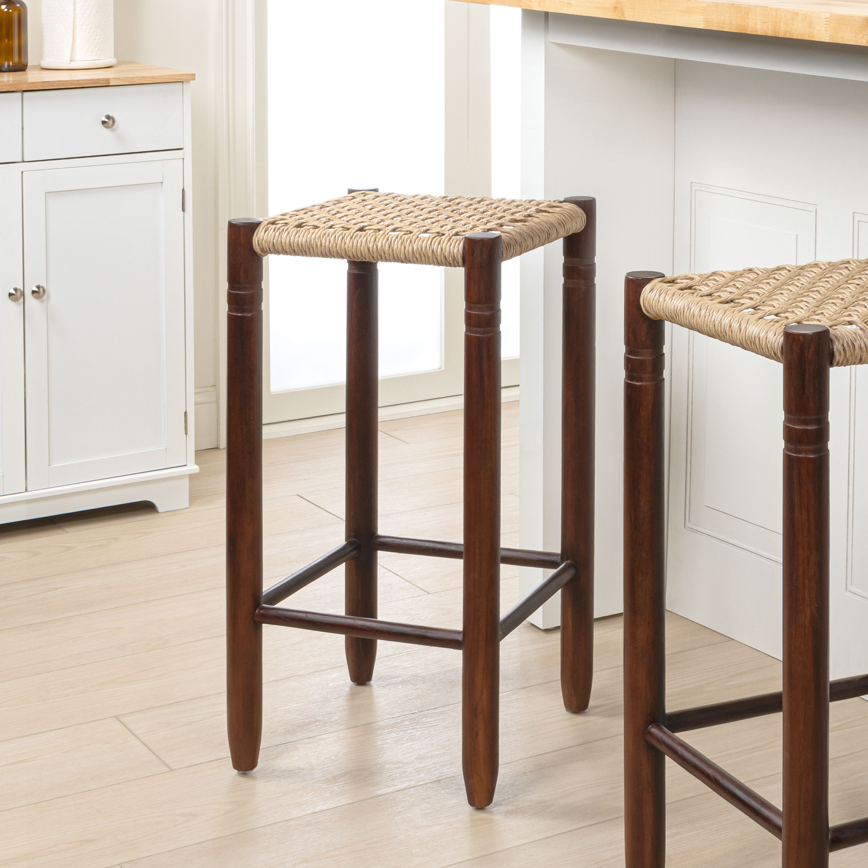 Columnar Casual Bohemian Handcrafted Teak Wood Backless Bar Stool with Synthetic Woven Rattan Seat