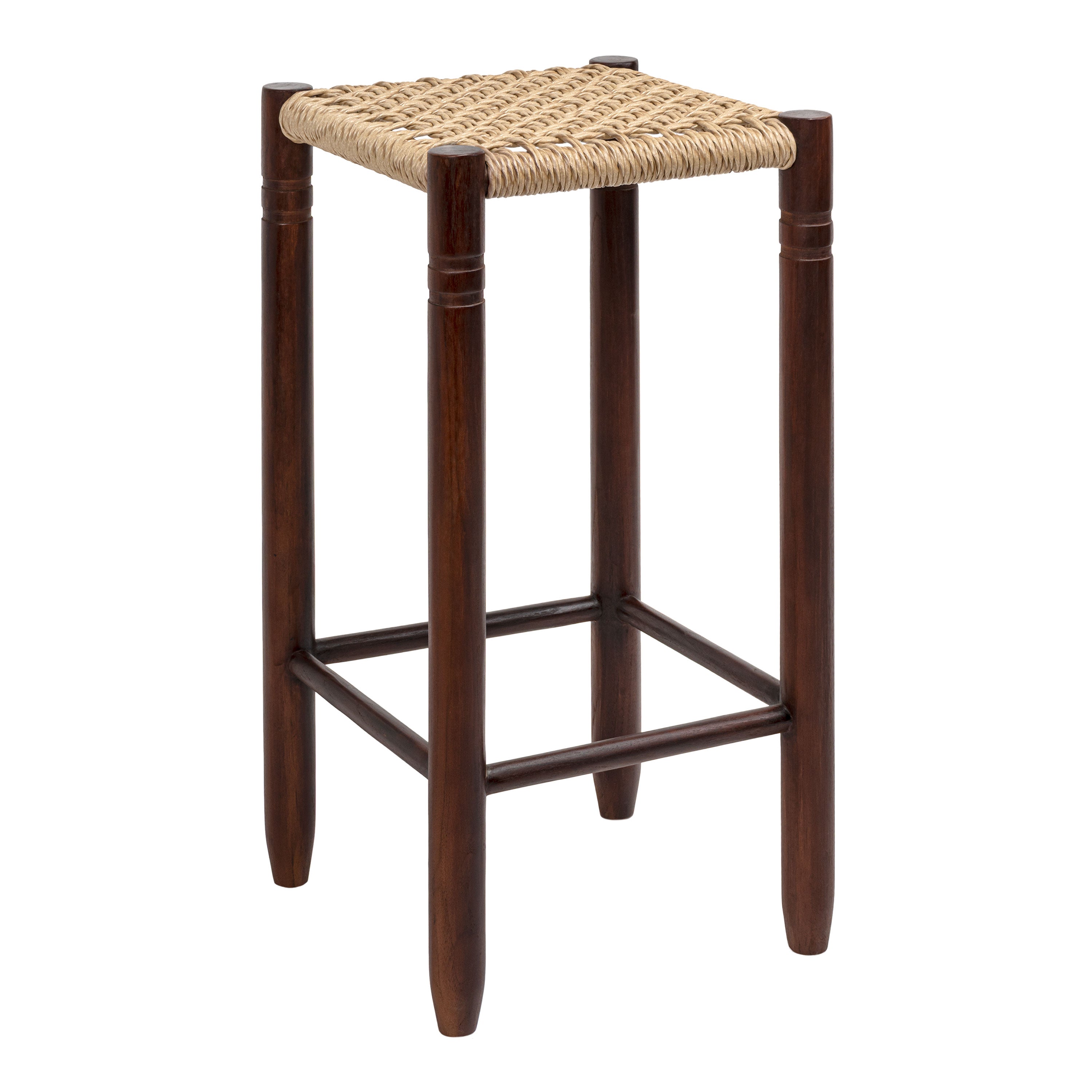 Columnar Casual Bohemian Handcrafted Teak Wood Backless Bar Stool with Synthetic Woven Rattan Seat