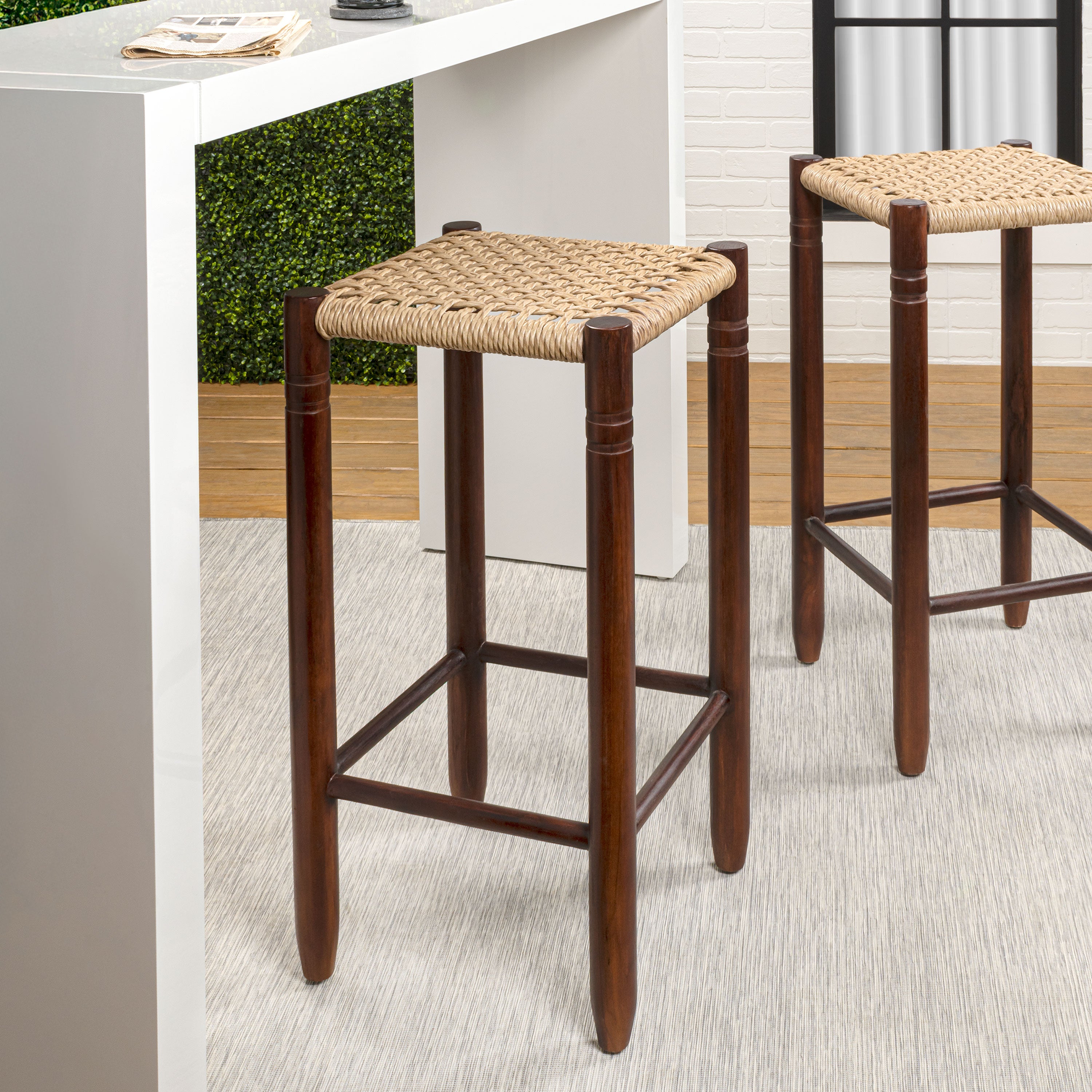 Columnar Casual Bohemian Handcrafted Teak Wood Backless Bar Stool with Synthetic Woven Rattan Seat