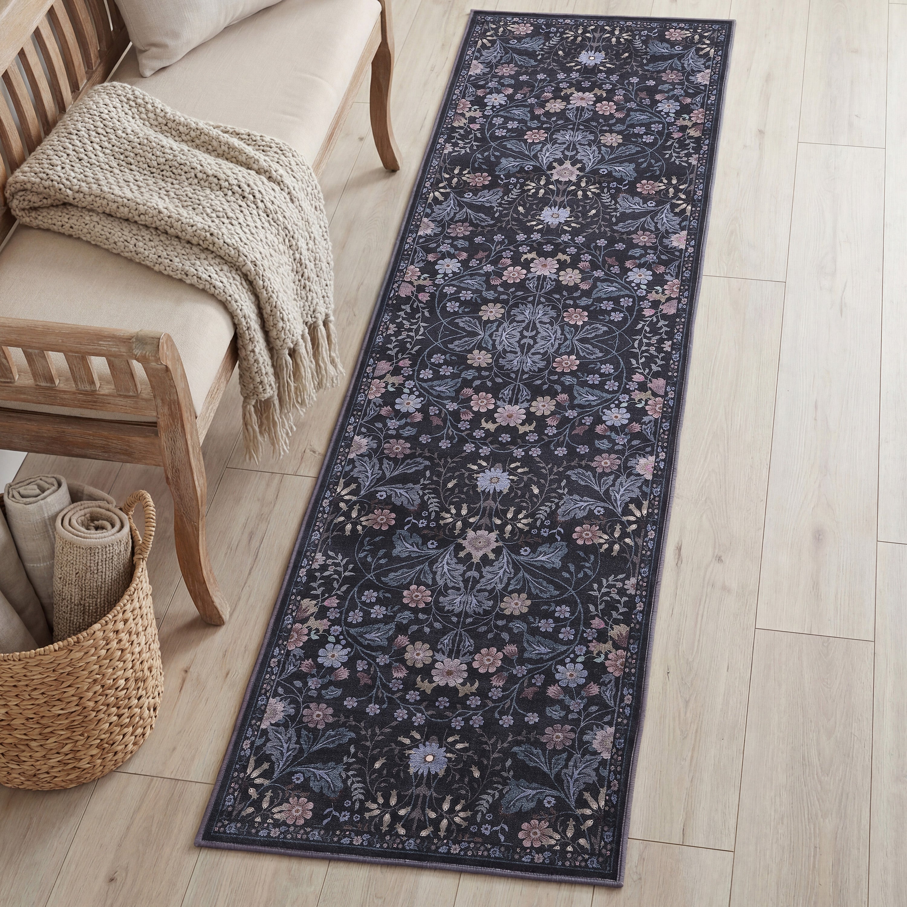 Primrose Art Nouveau Floral Border Non-Slip Machine-Washable Rug