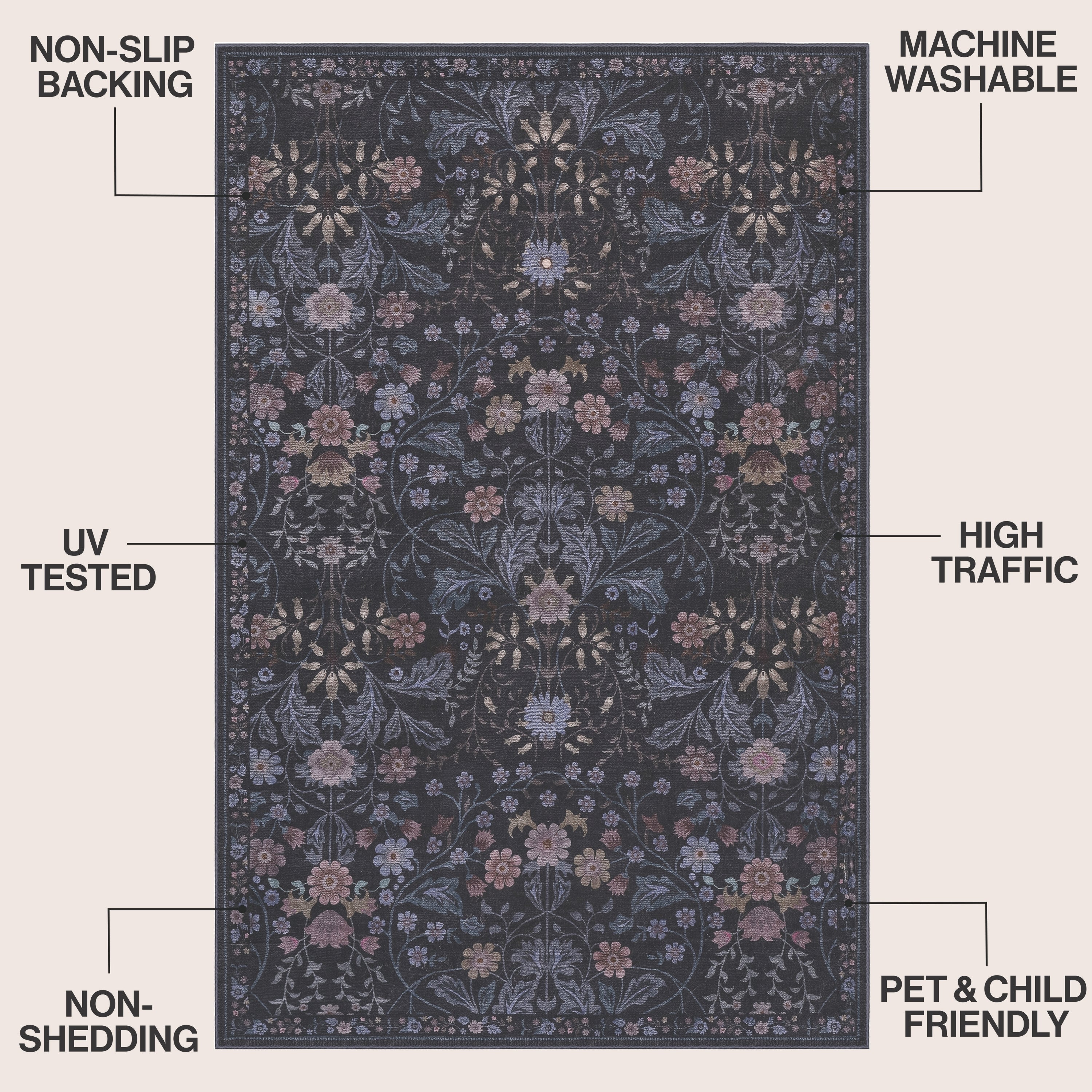 Primrose Art Nouveau Floral Border Non-Slip Machine-Washable Rug