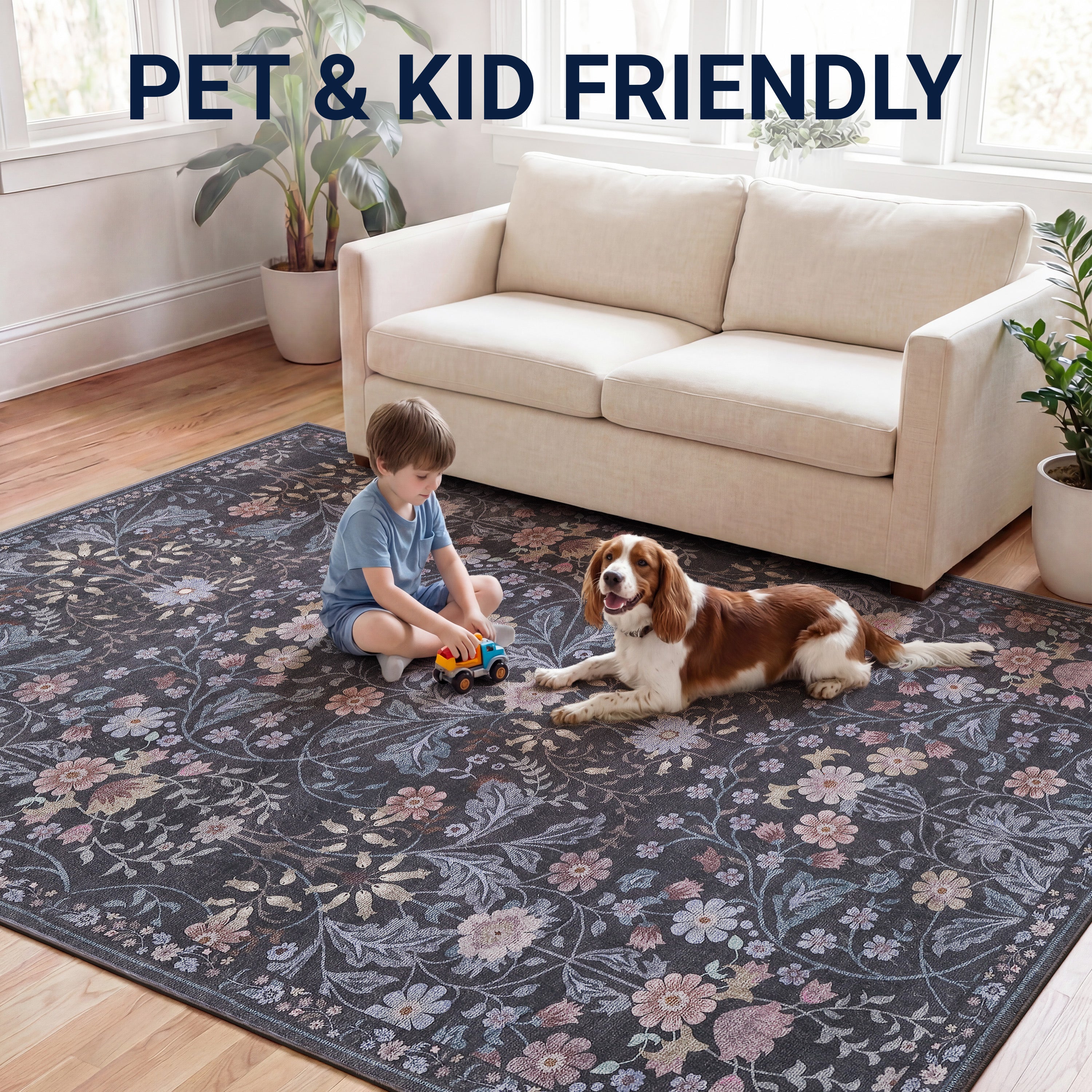 Primrose Art Nouveau Floral Border Non-Slip Machine-Washable Rug