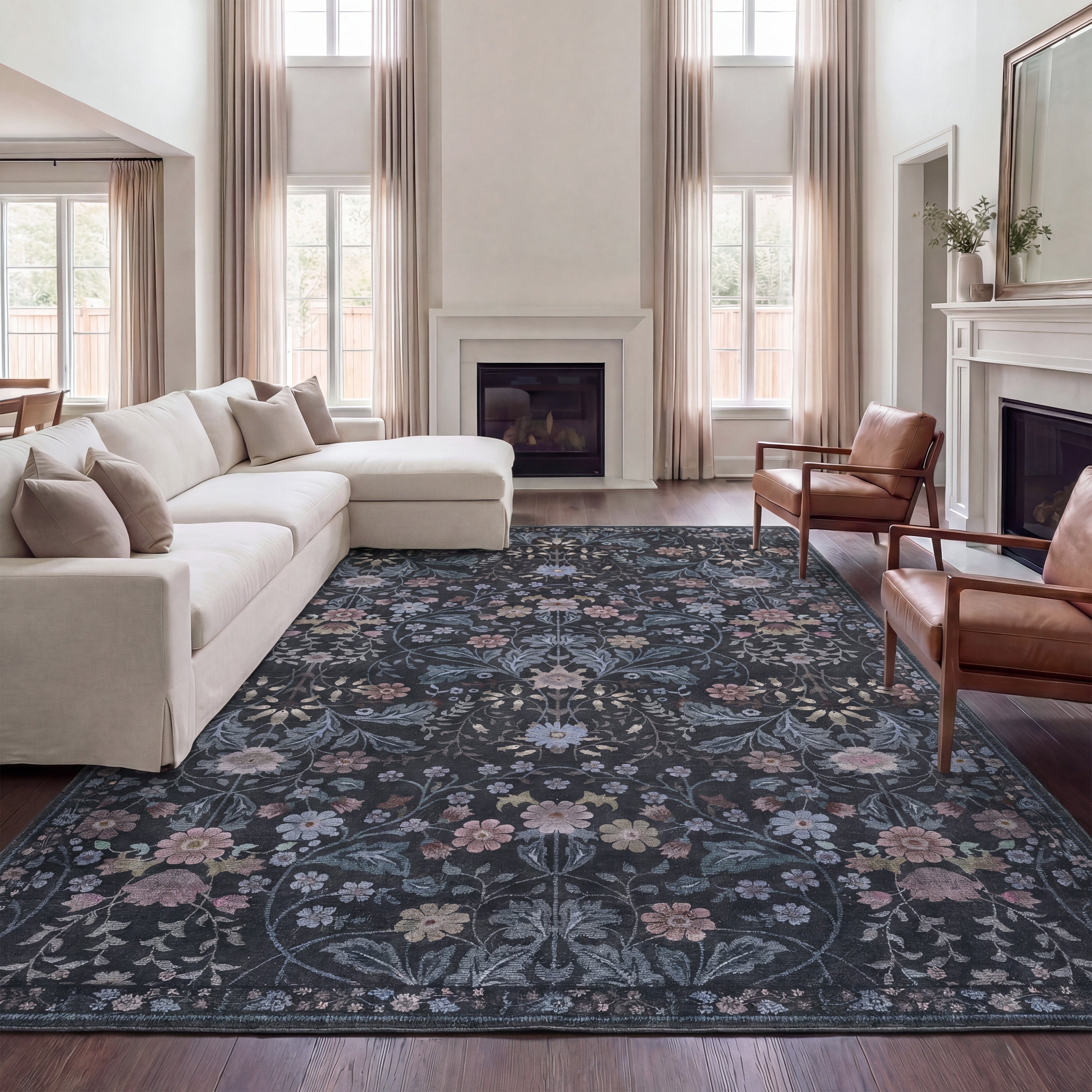 Primrose Art Nouveau Floral Border Non-Slip Machine-Washable Rug
