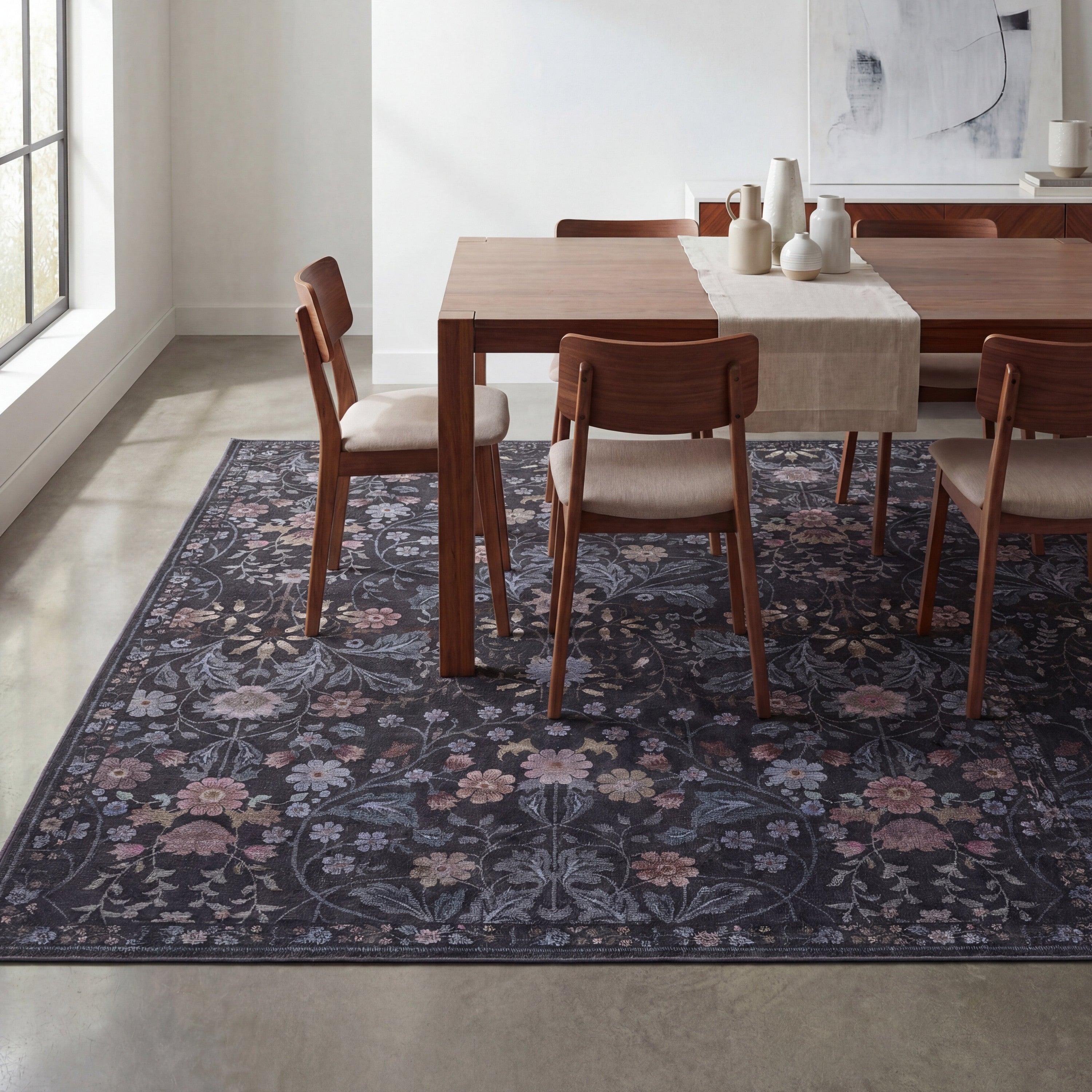 Primrose Art Nouveau Floral Border Non-Slip Machine-Washable Rug