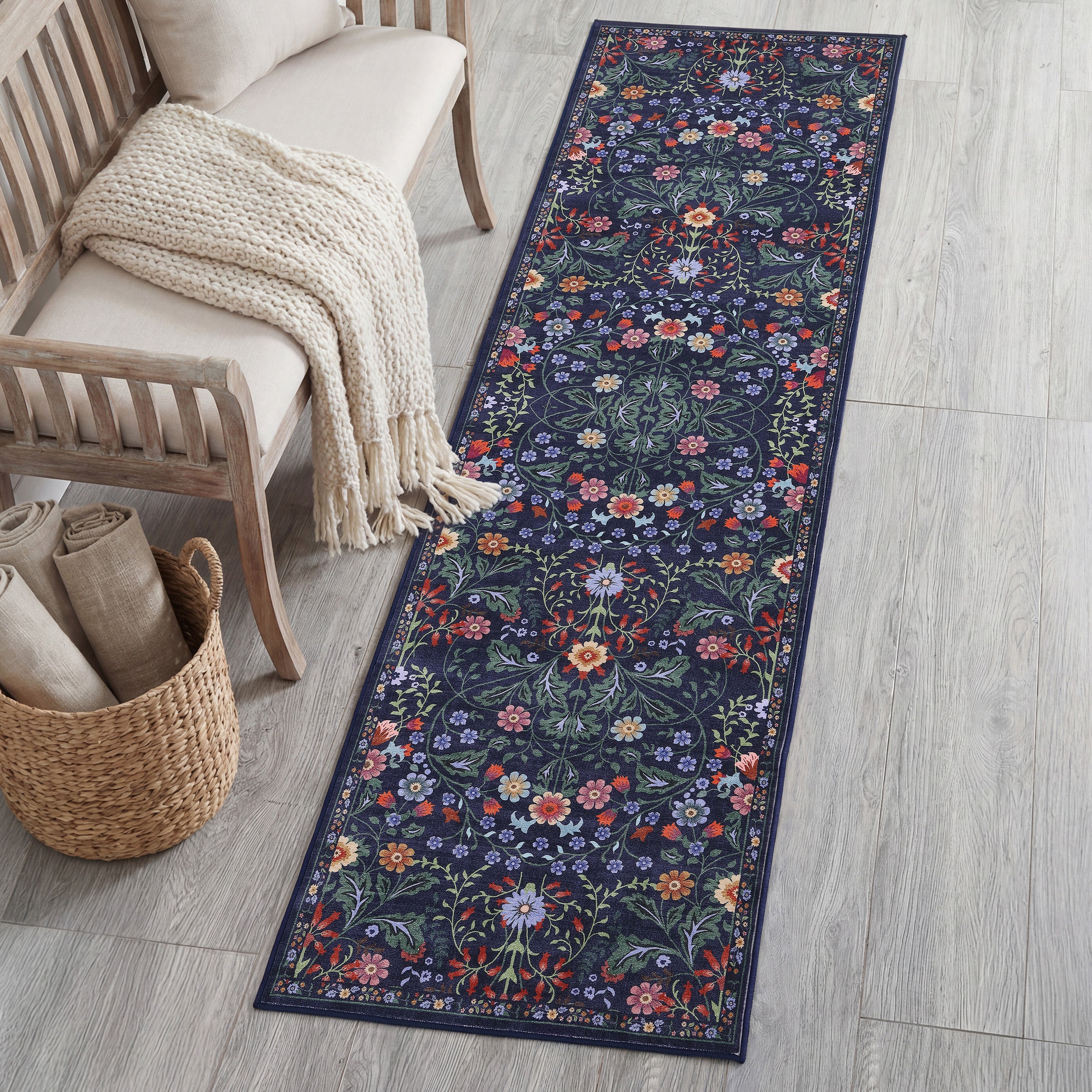 Primrose Art Nouveau Floral Border Non-Slip Machine-Washable Rug