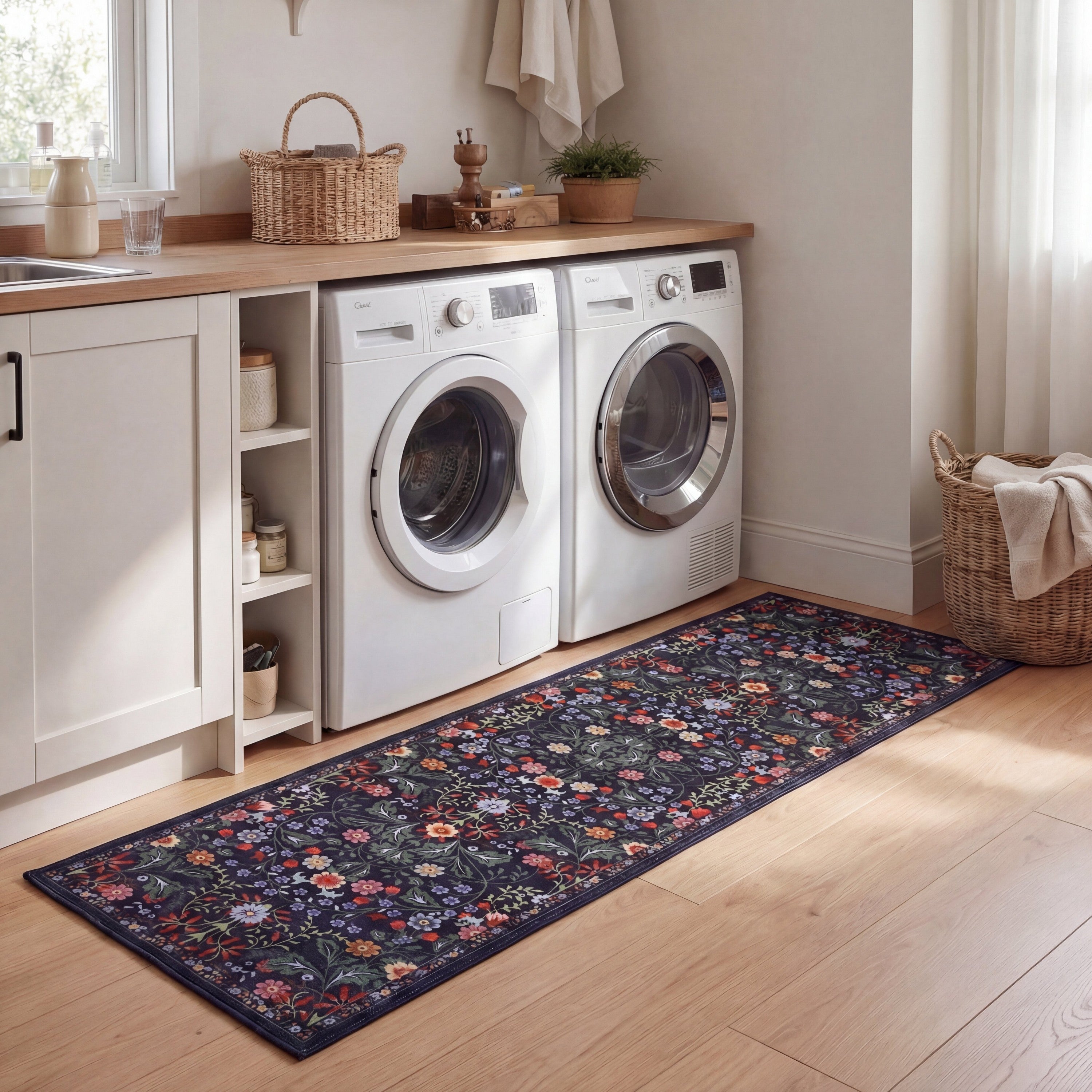 Primrose Art Nouveau Floral Border Non-Slip Machine-Washable Rug