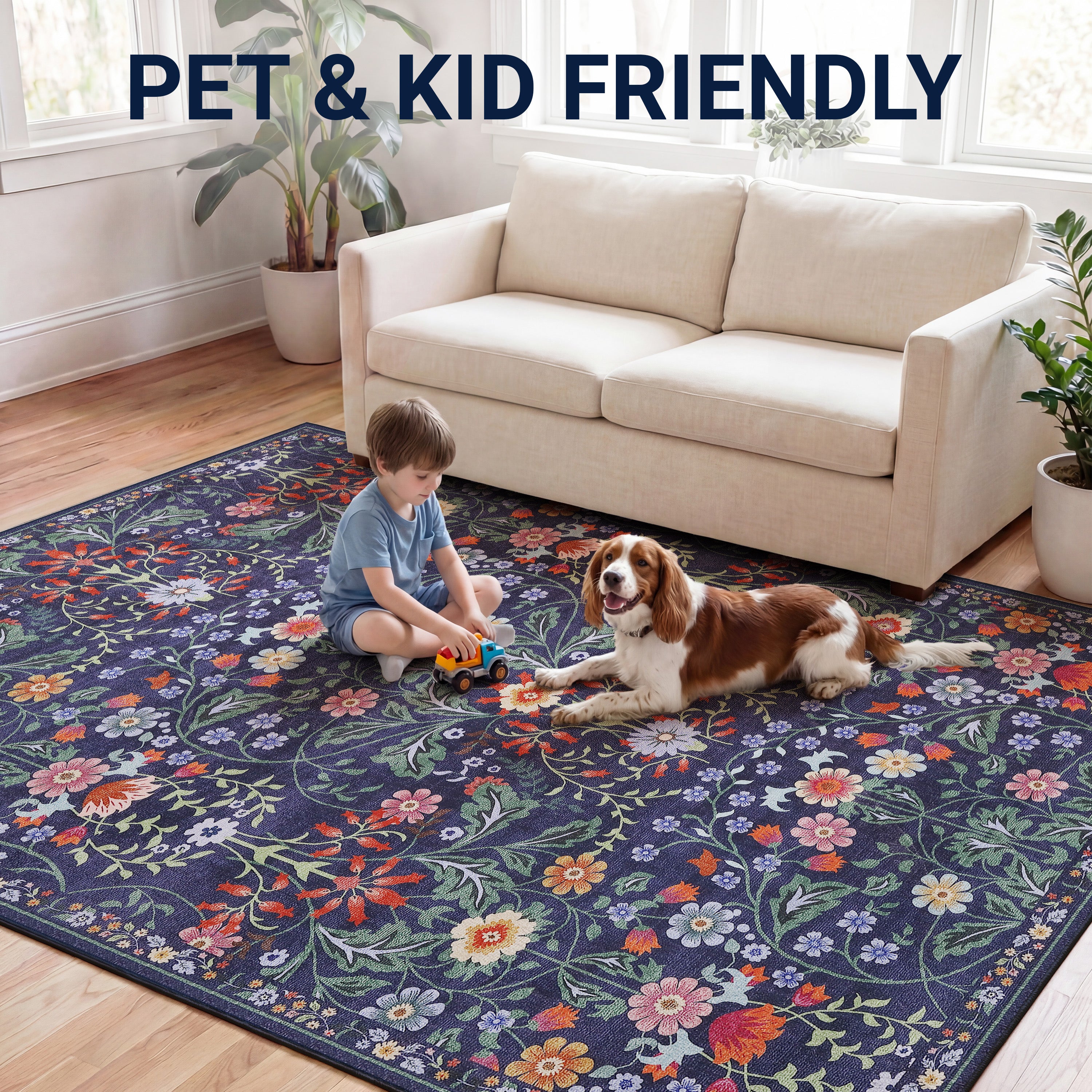 Primrose Art Nouveau Floral Border Non-Slip Machine-Washable Rug