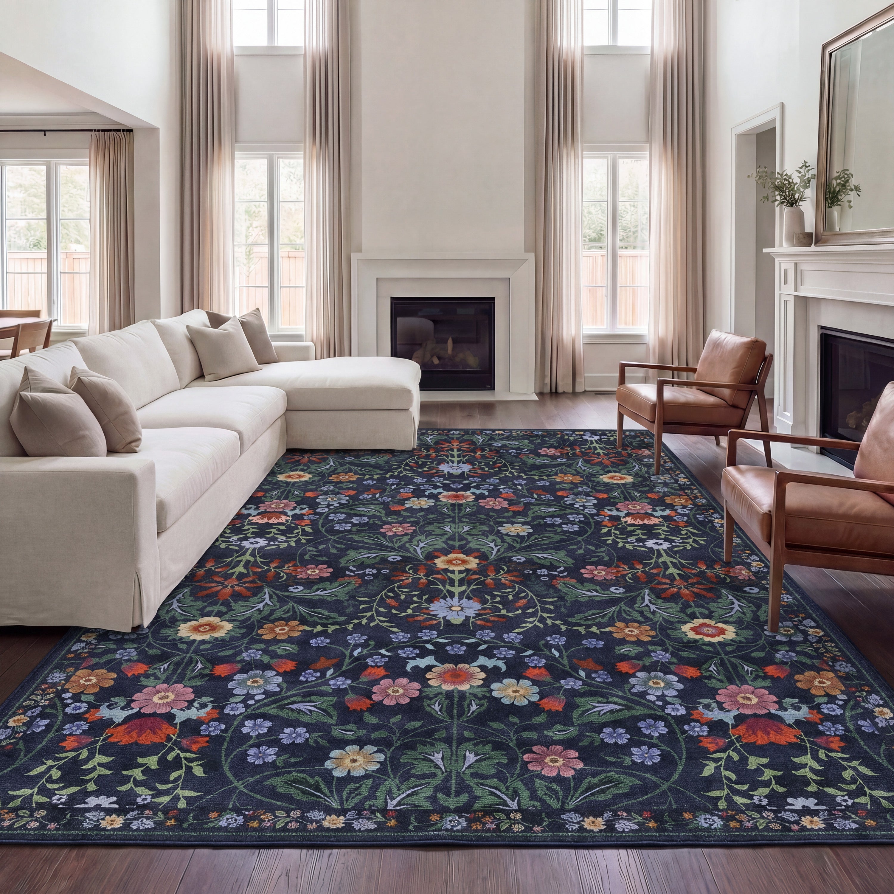 Primrose Art Nouveau Floral Border Non-Slip Machine-Washable Rug