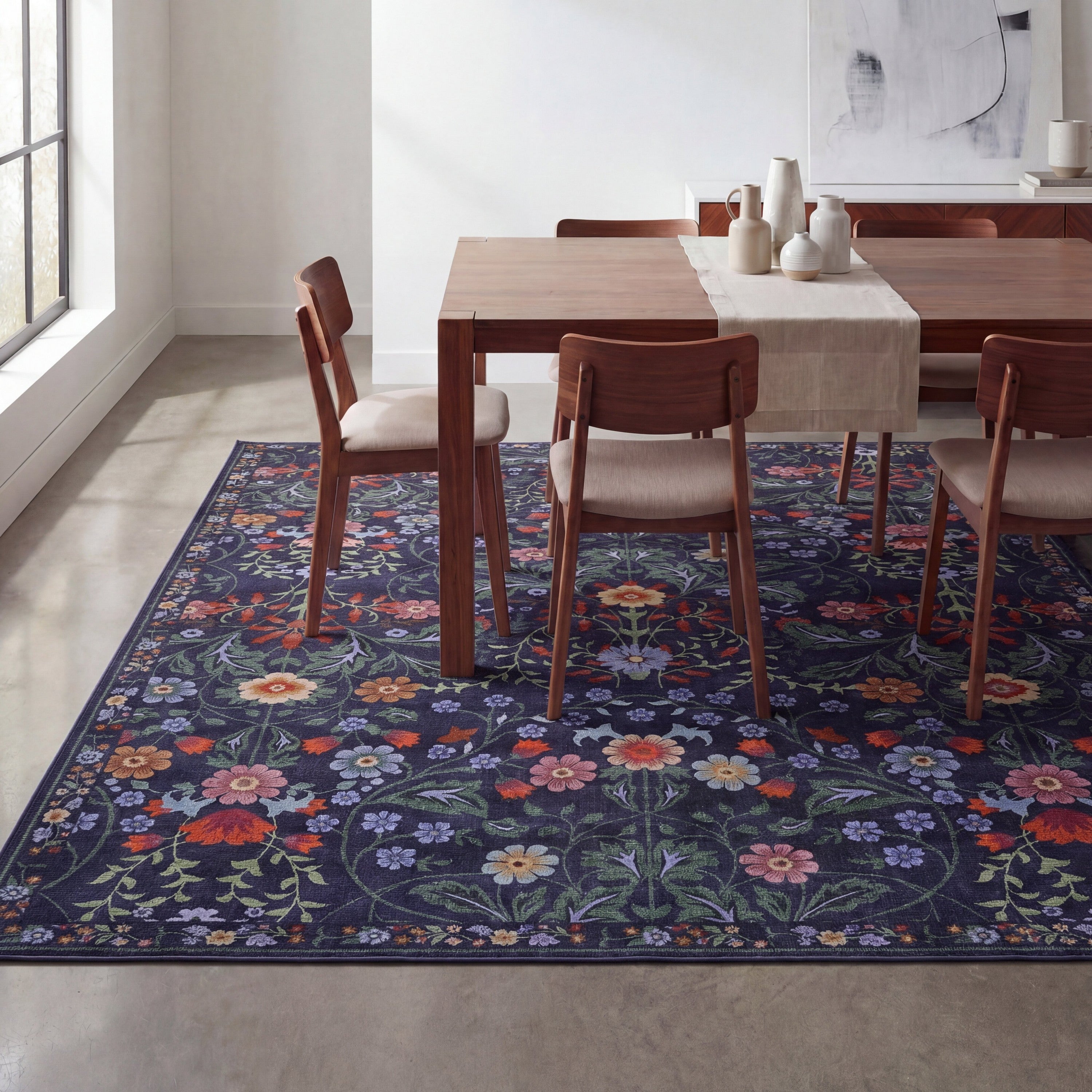 Primrose Art Nouveau Floral Border Non-Slip Machine-Washable Rug