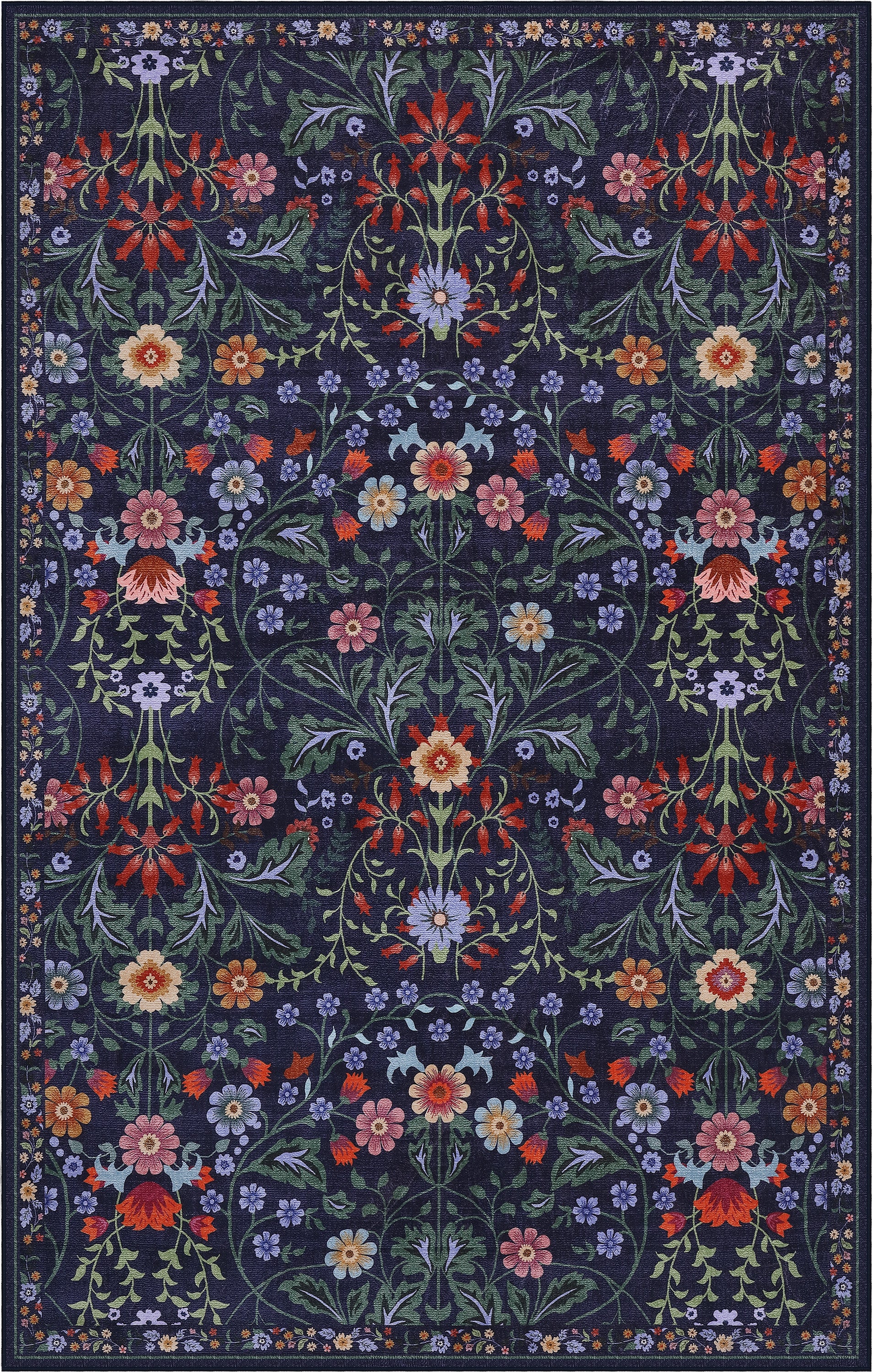 Primrose Art Nouveau Floral Border Non-Slip Machine-Washable Rug