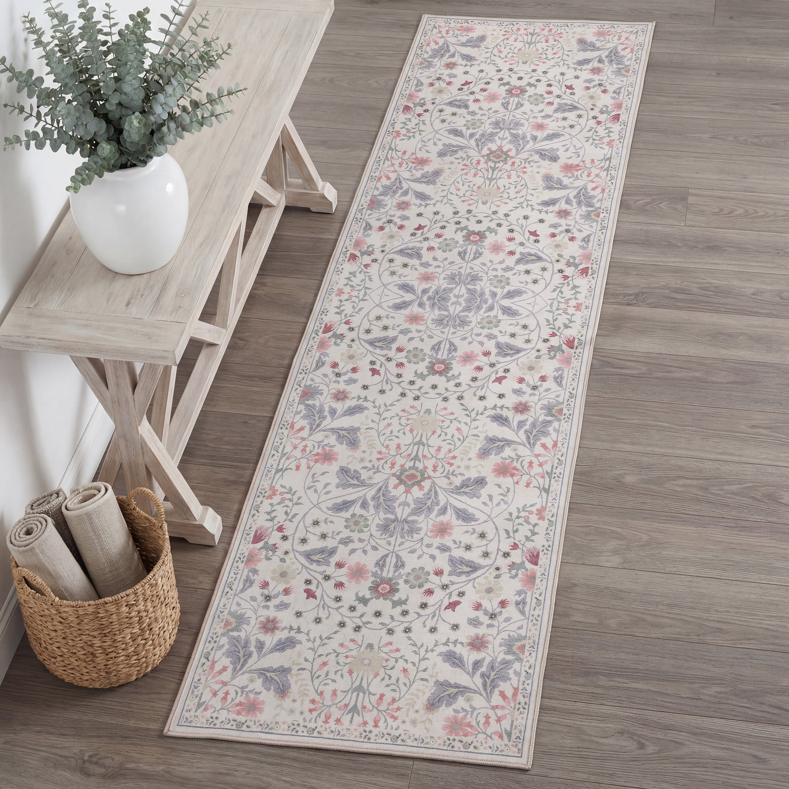 Primrose Art Nouveau Floral Border Non-Slip Machine-Washable Rug
