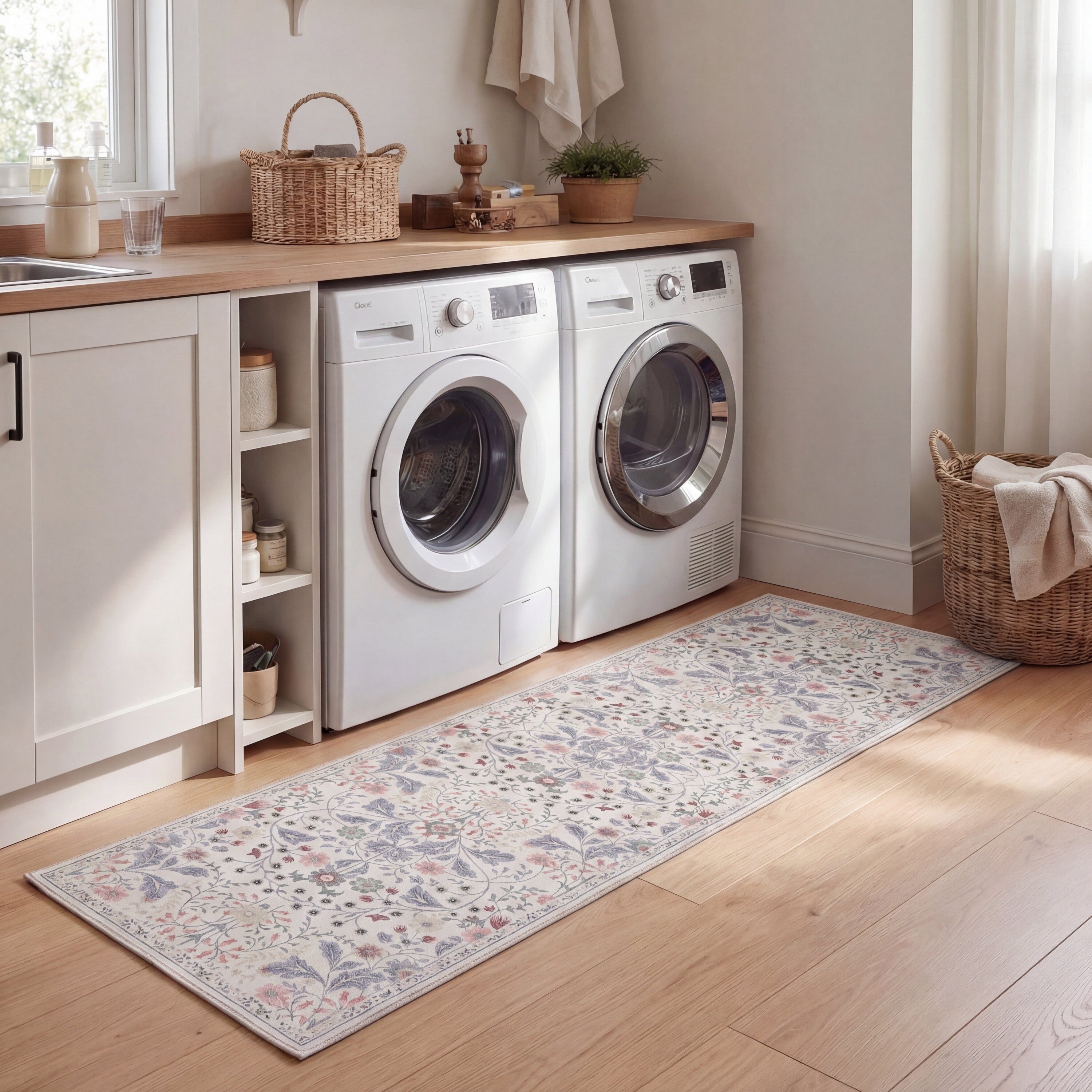 Primrose Art Nouveau Floral Border Non-Slip Machine-Washable Rug