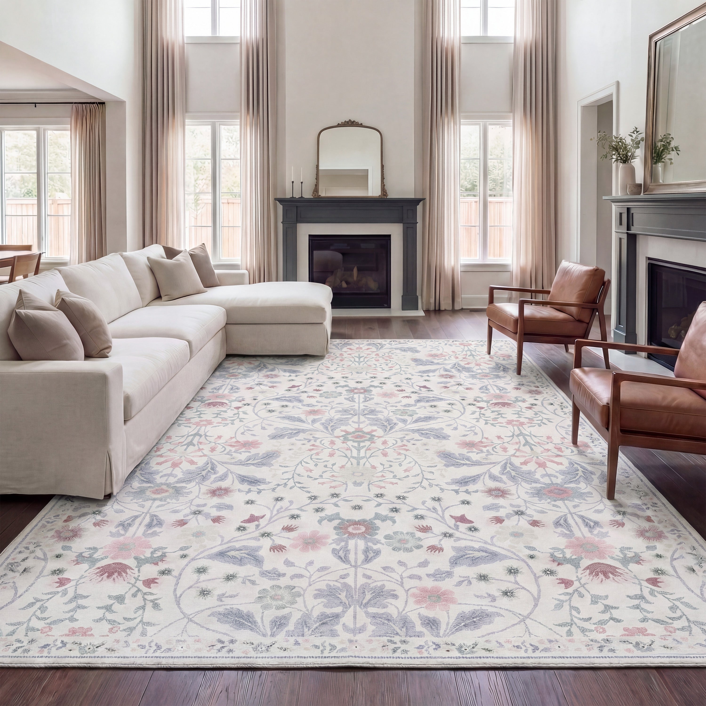 Primrose Art Nouveau Floral Border Non-Slip Machine-Washable Rug