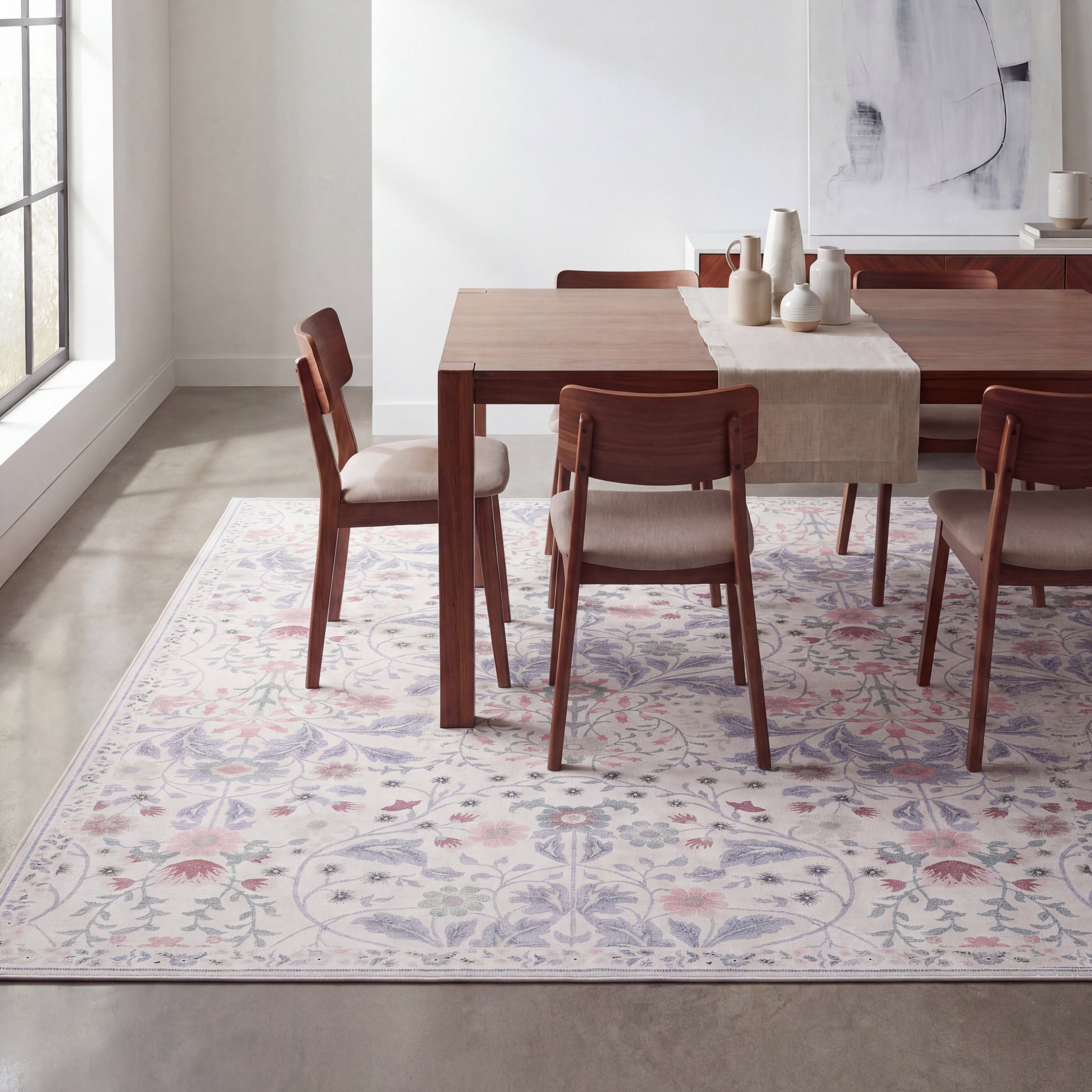 Primrose Art Nouveau Floral Border Non-Slip Machine-Washable Rug