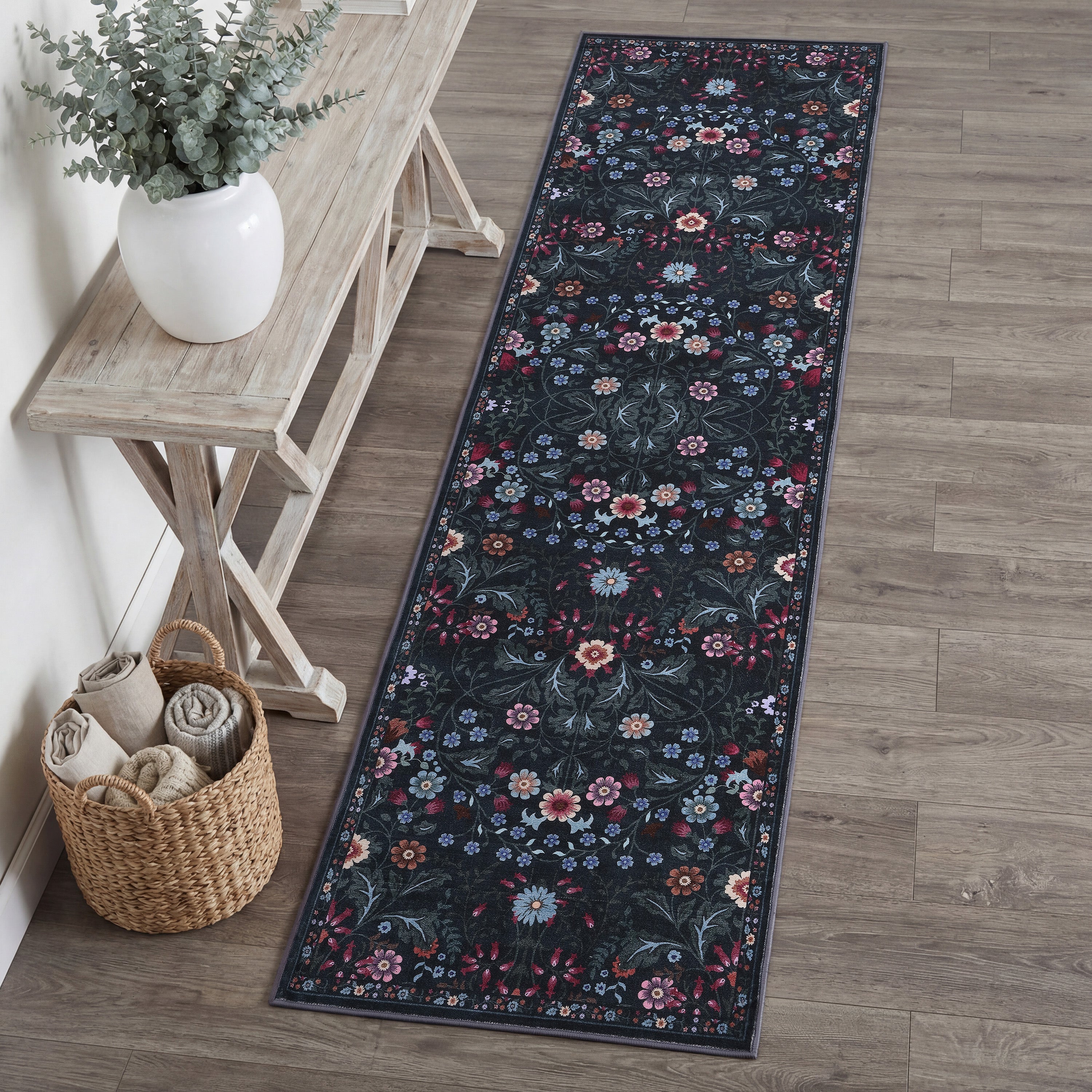 Primrose Art Nouveau Floral Border Non-Slip Machine-Washable Rug