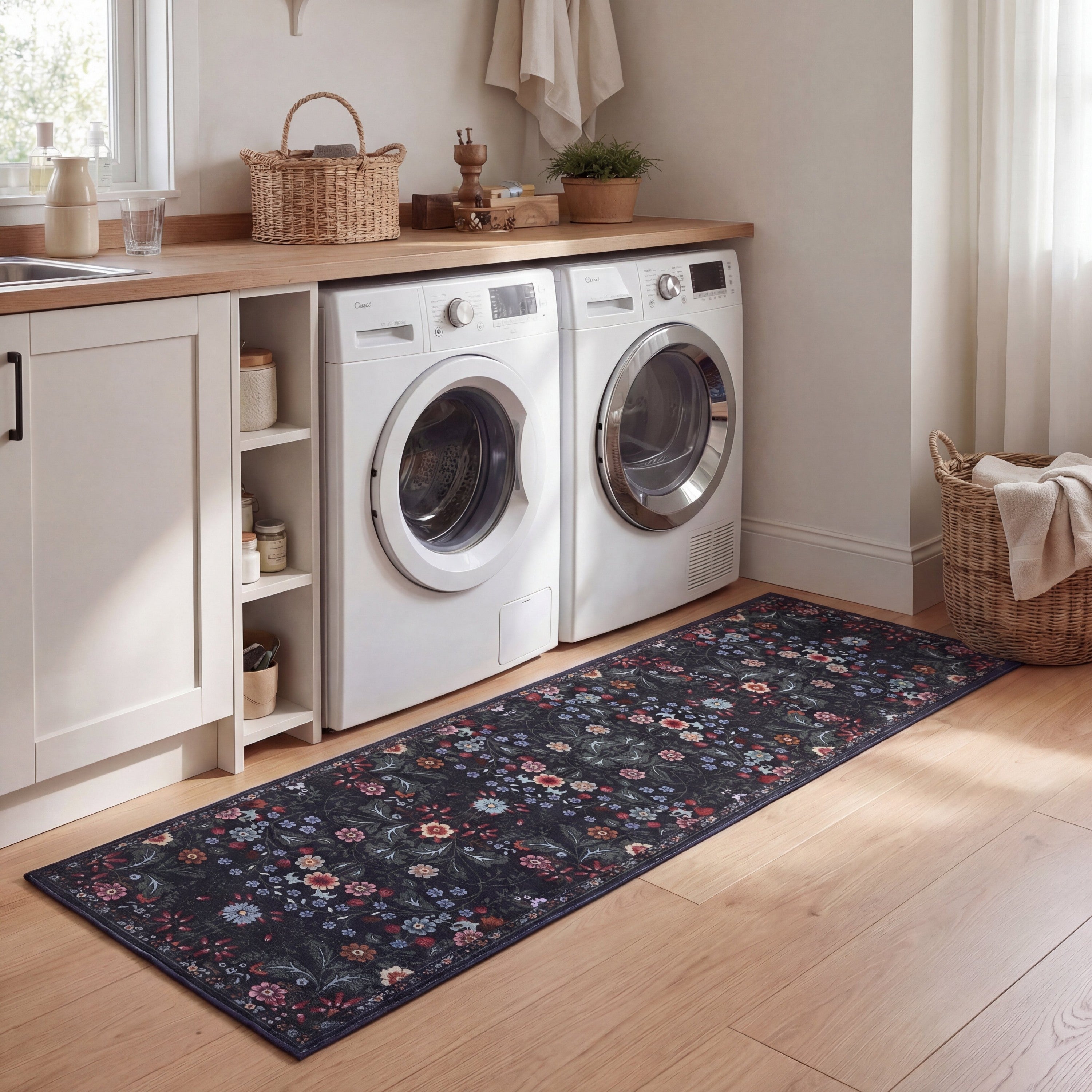 Primrose Art Nouveau Floral Border Non-Slip Machine-Washable Rug