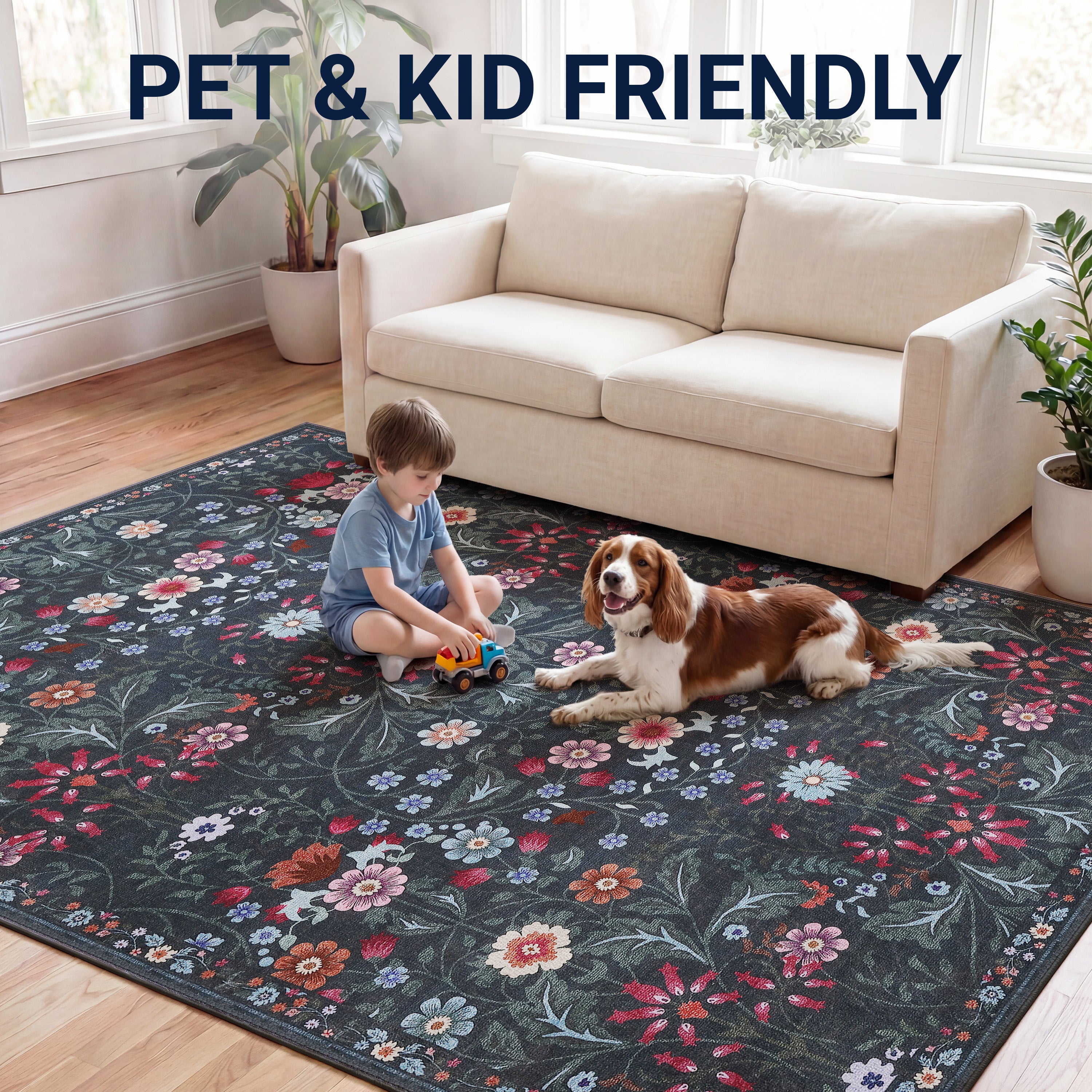 Primrose Art Nouveau Floral Border Non-Slip Machine-Washable Rug