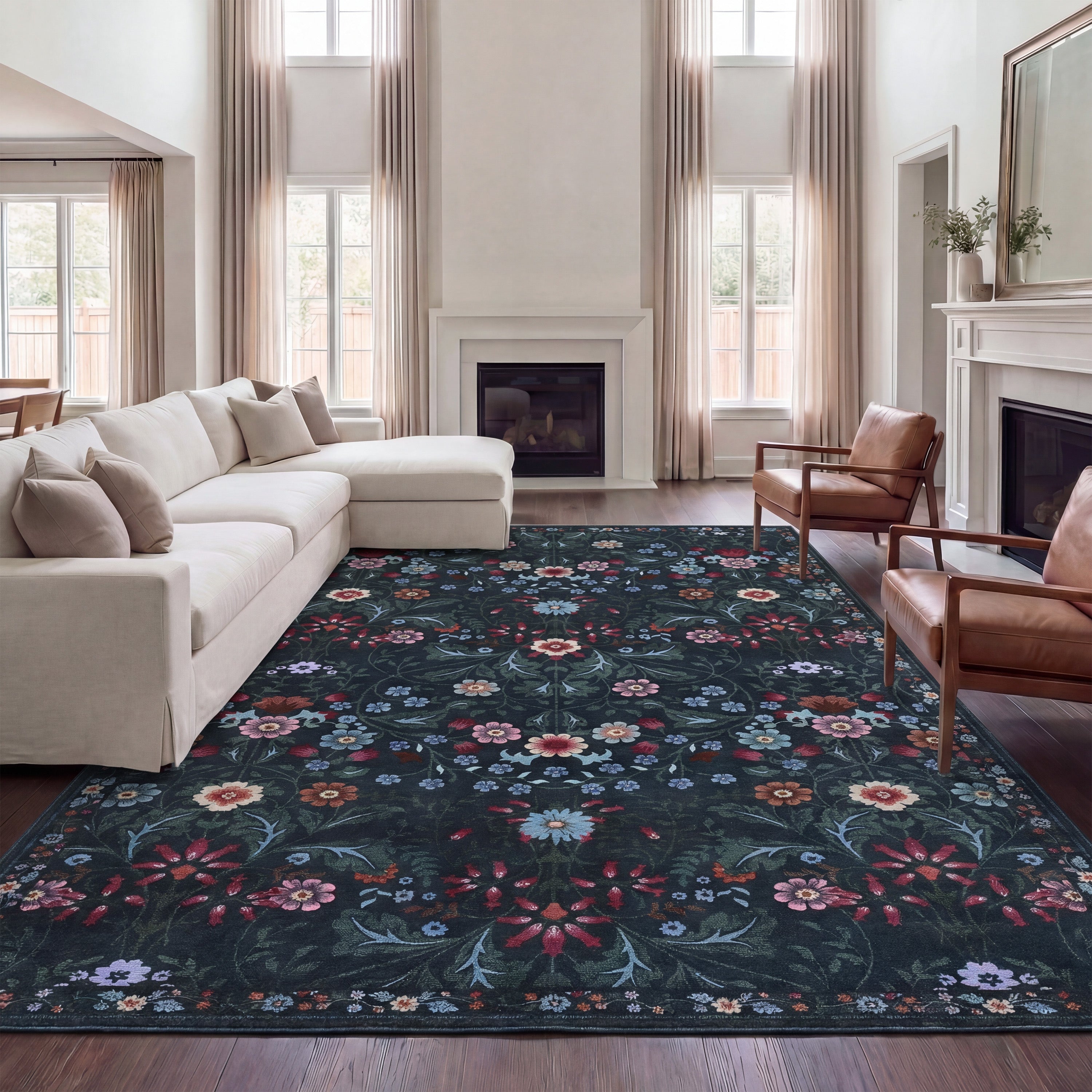 Primrose Art Nouveau Floral Border Non-Slip Machine-Washable Rug