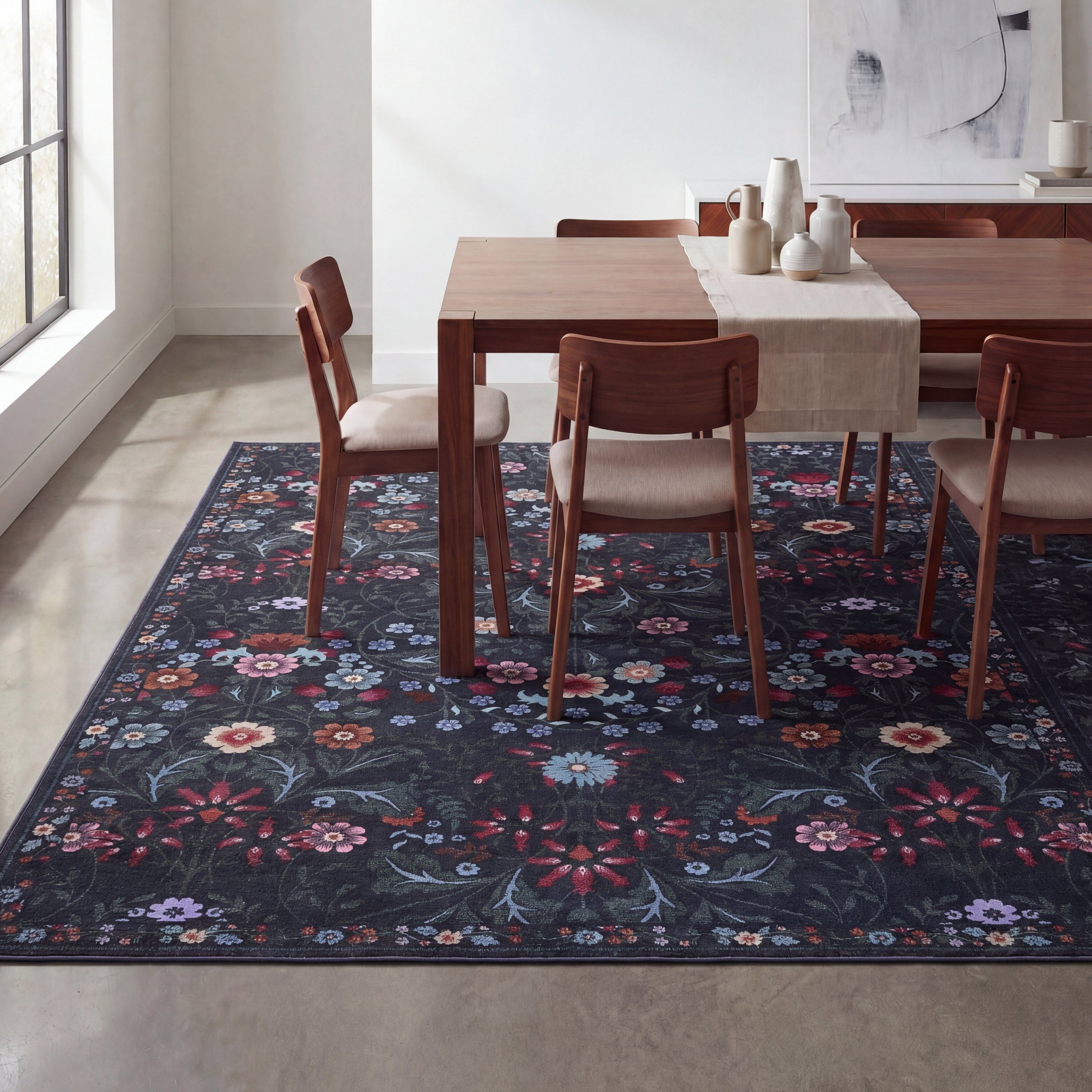 Primrose Art Nouveau Floral Border Non-Slip Machine-Washable Rug