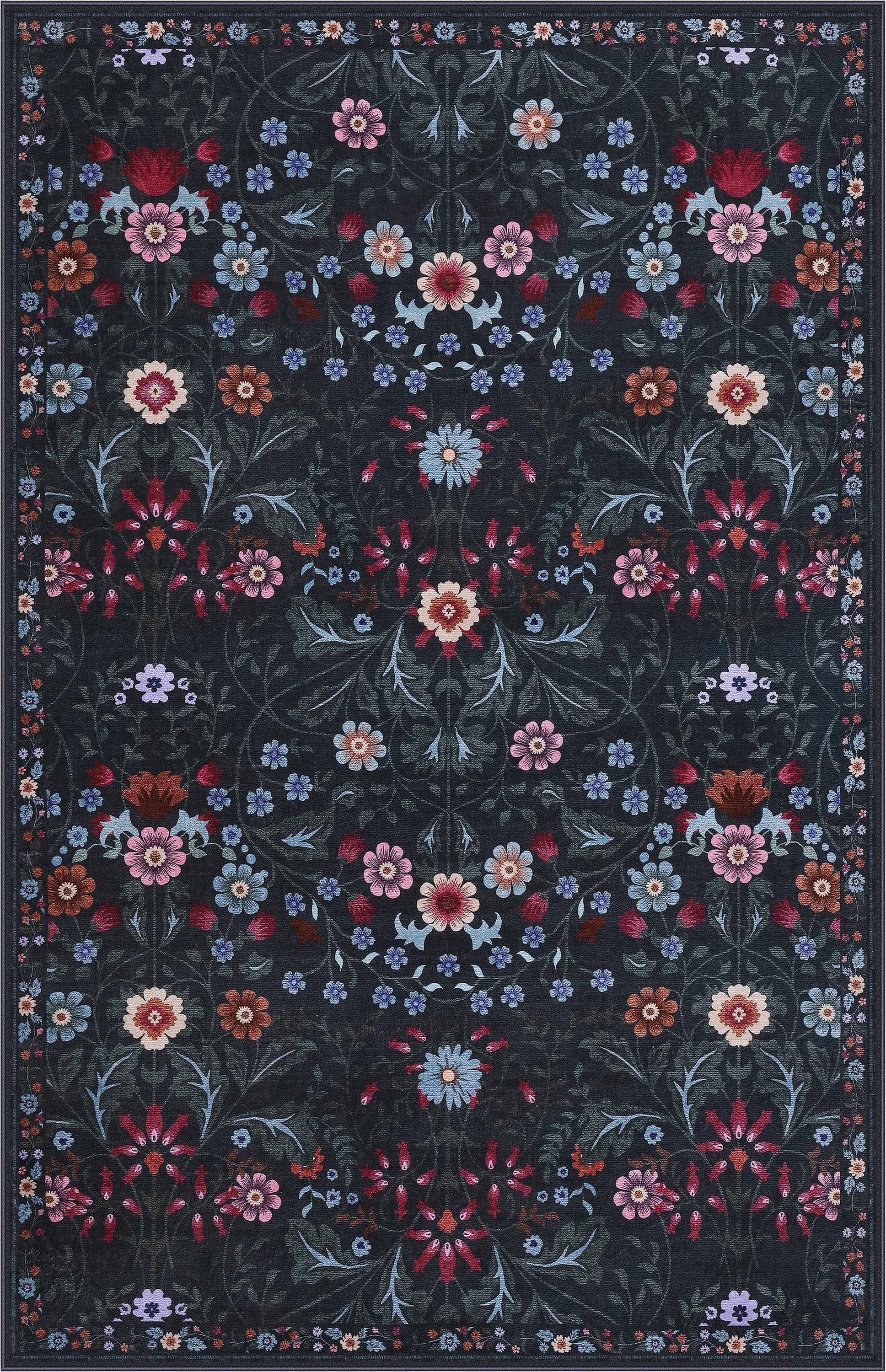 Primrose Art Nouveau Floral Border Non-Slip Machine-Washable Rug