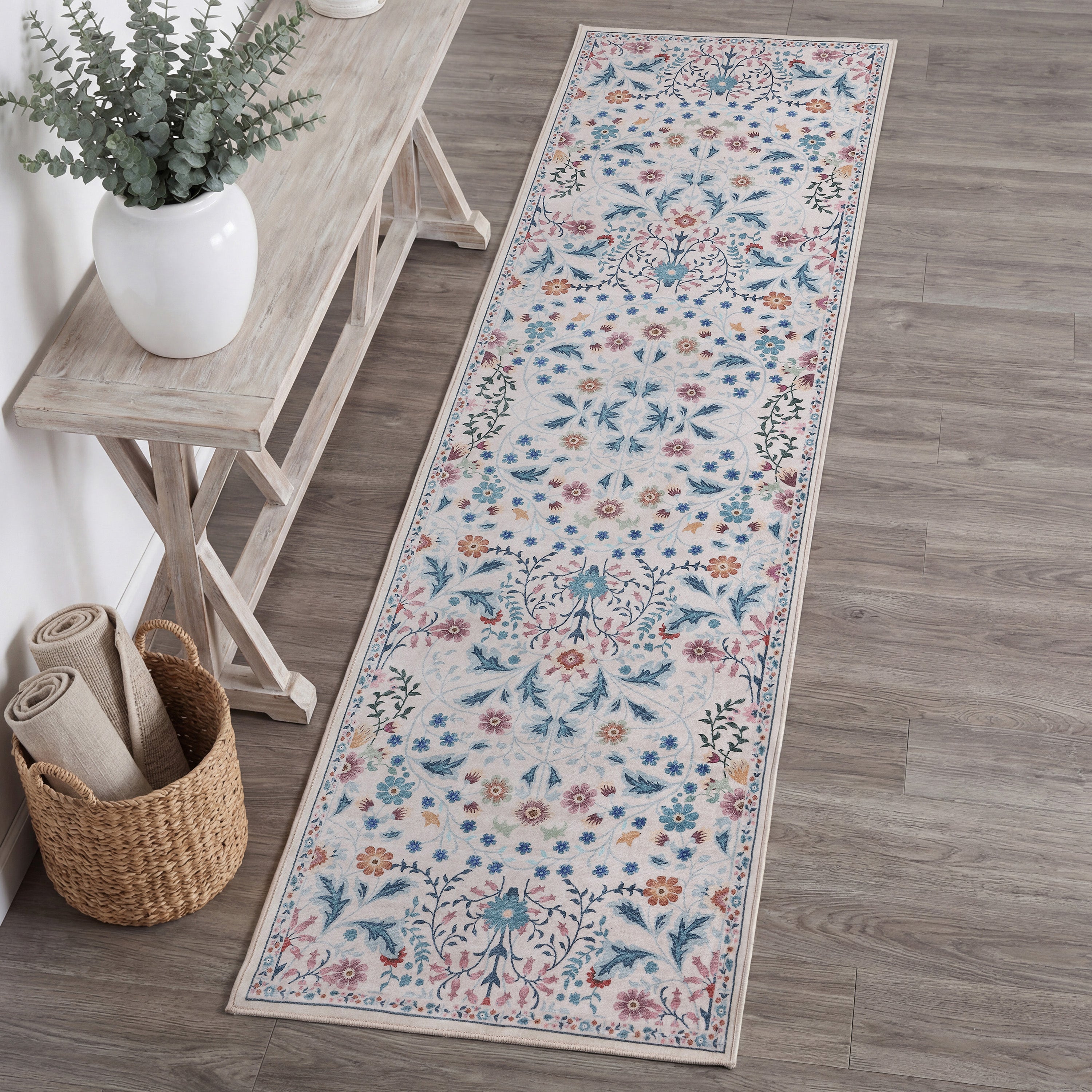 Primrose Art Nouveau Floral Border Non-Slip Machine-Washable Rug