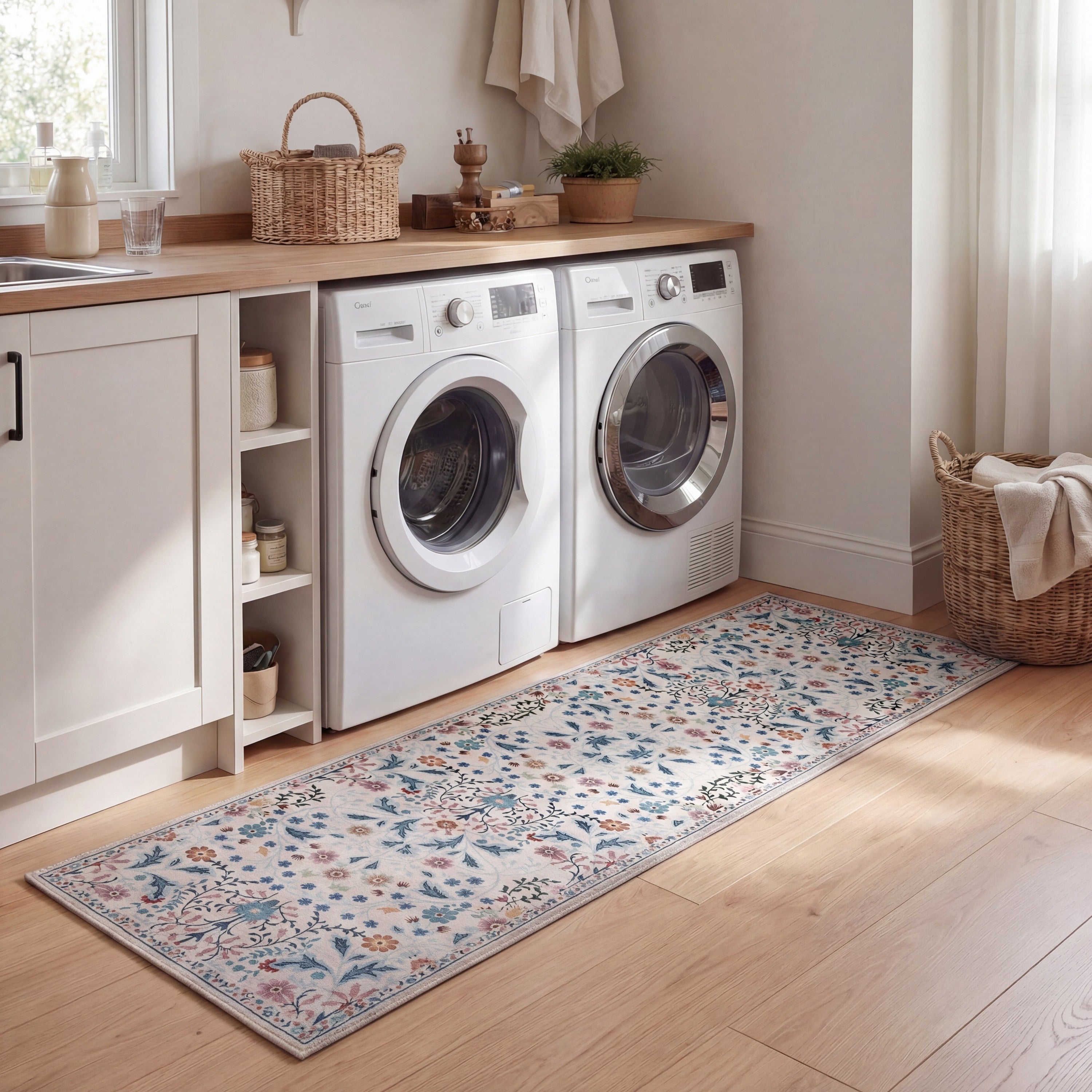 Primrose Art Nouveau Floral Border Non-Slip Machine-Washable Rug