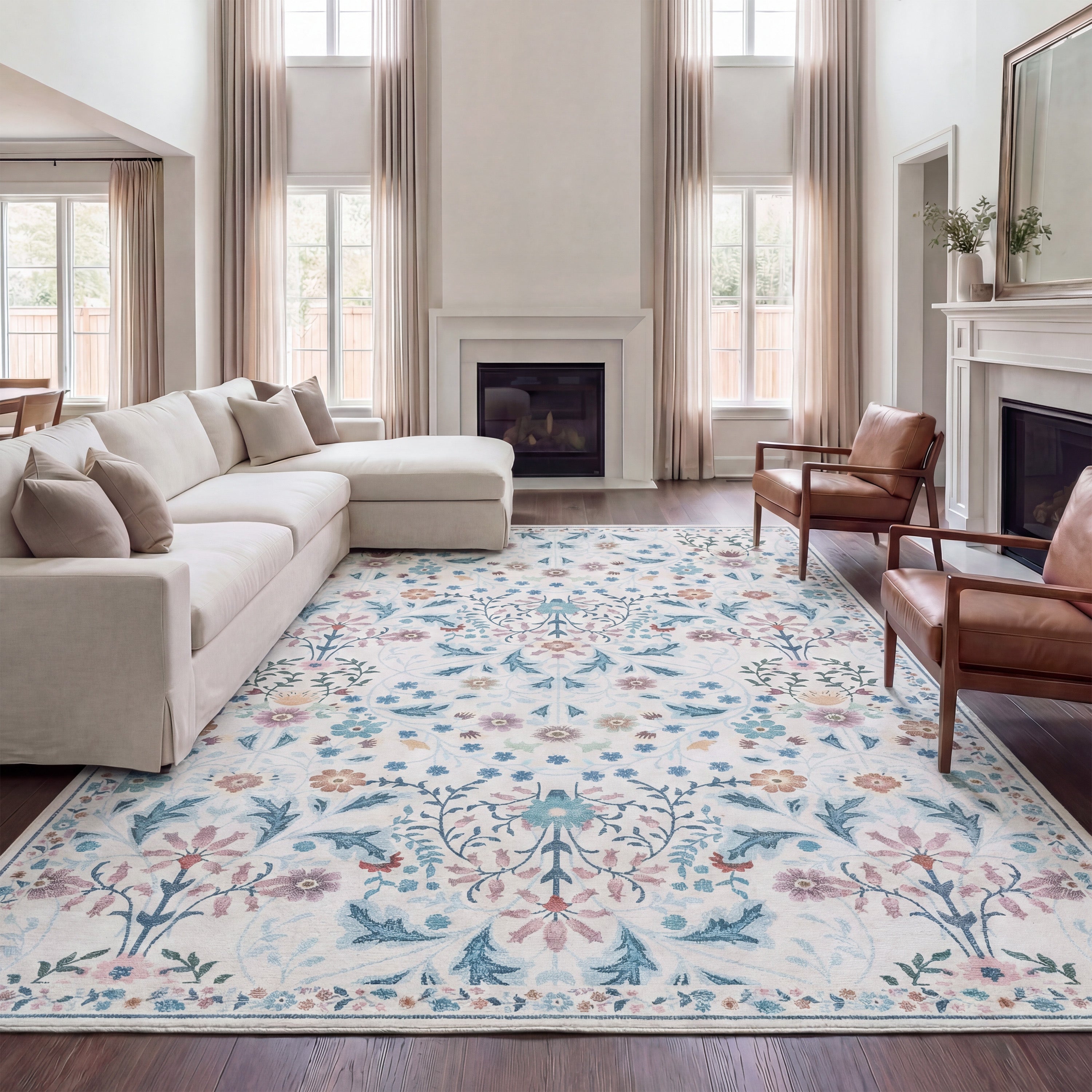 Primrose Art Nouveau Floral Border Non-Slip Machine-Washable Rug