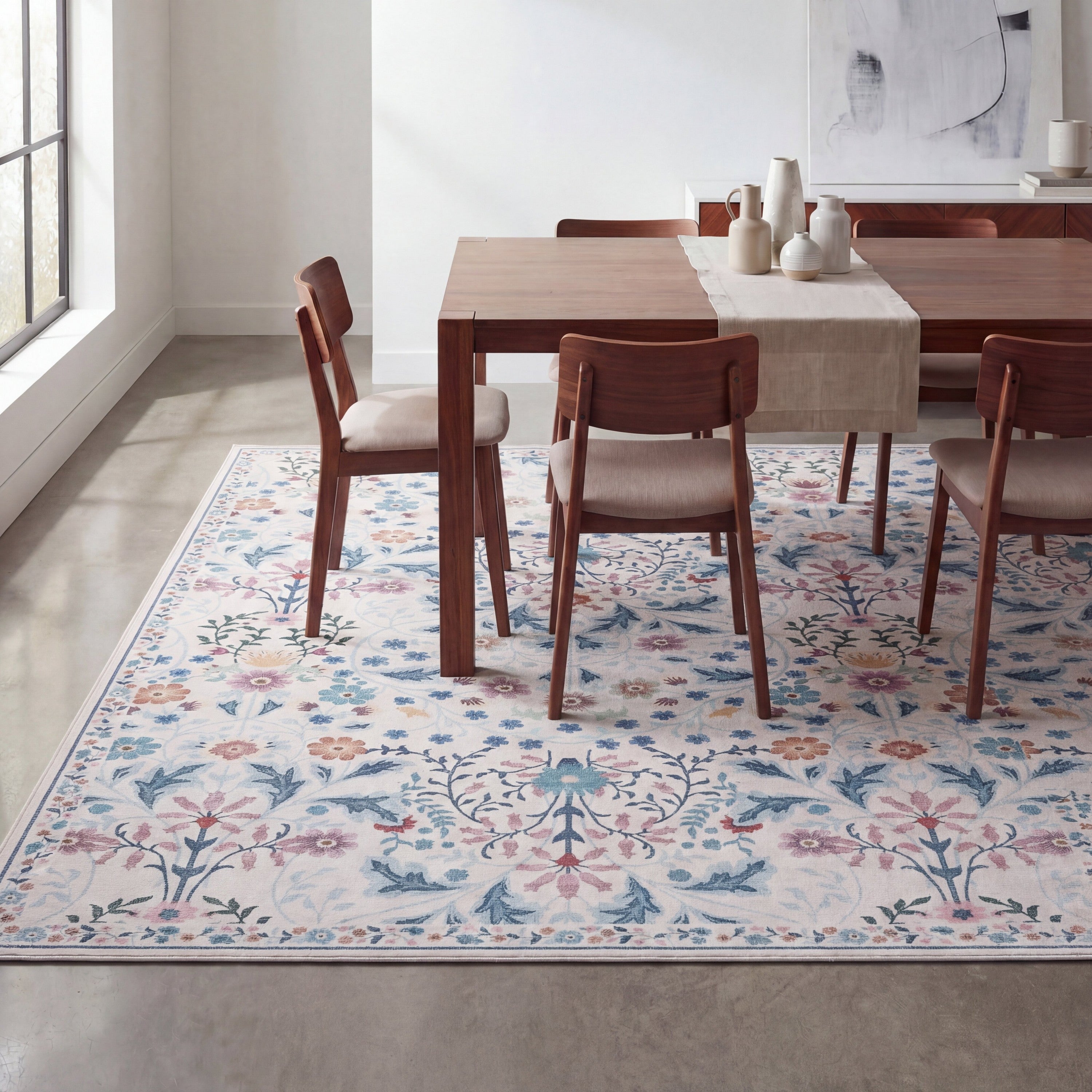Primrose Art Nouveau Floral Border Non-Slip Machine-Washable Rug