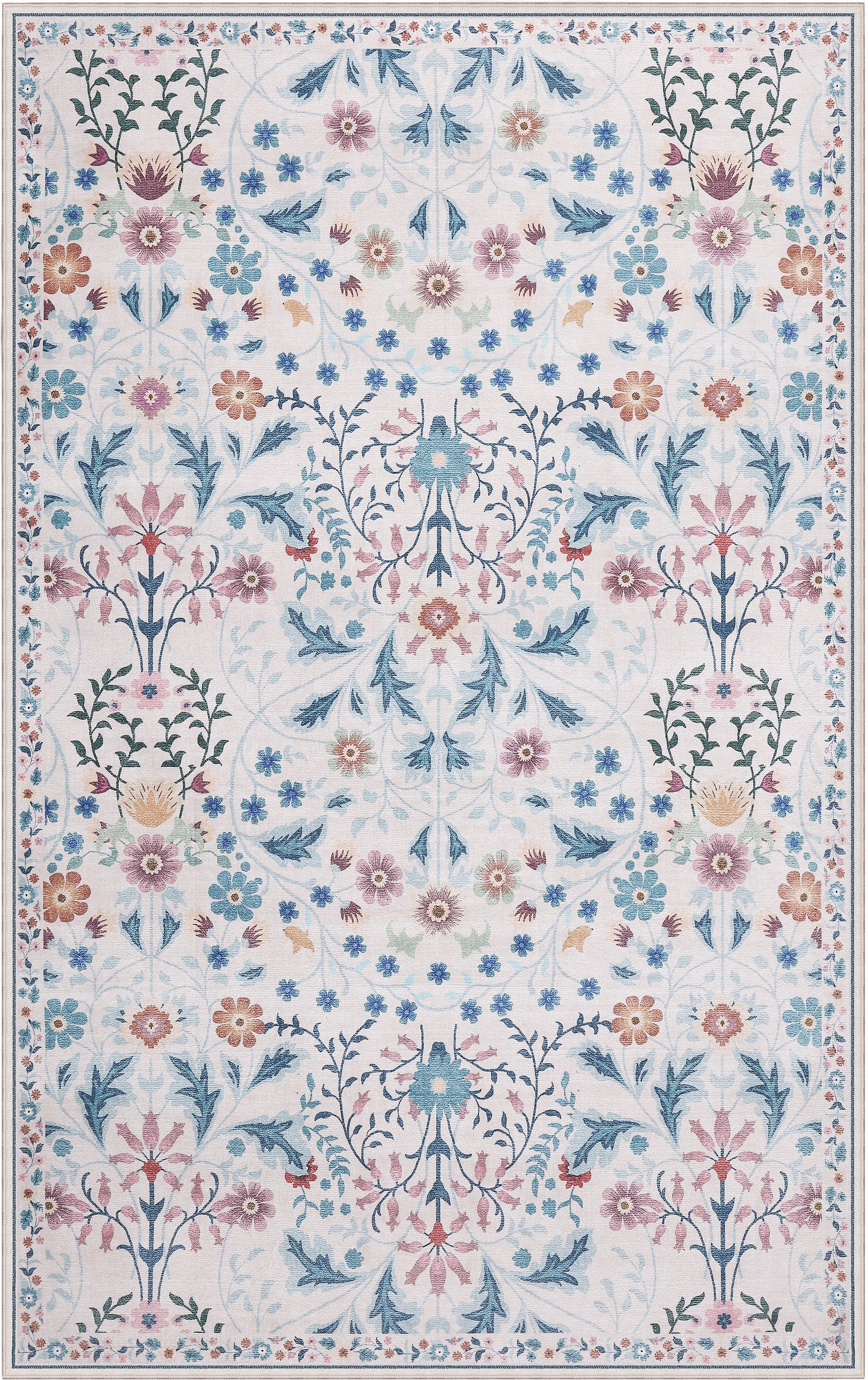 Primrose Art Nouveau Floral Border Non-Slip Machine-Washable Rug