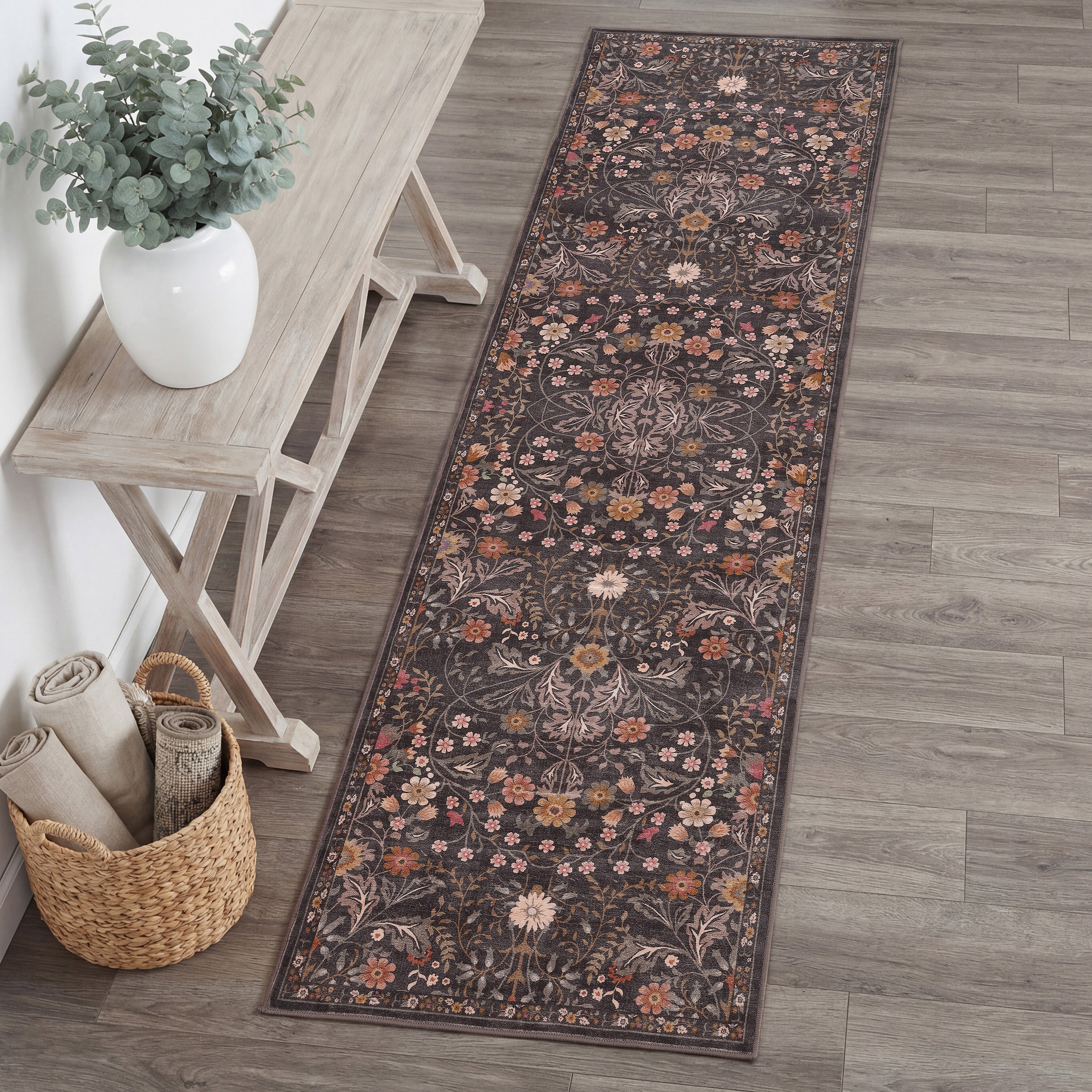 Primrose Art Nouveau Floral Border Non-Slip Machine-Washable Rug