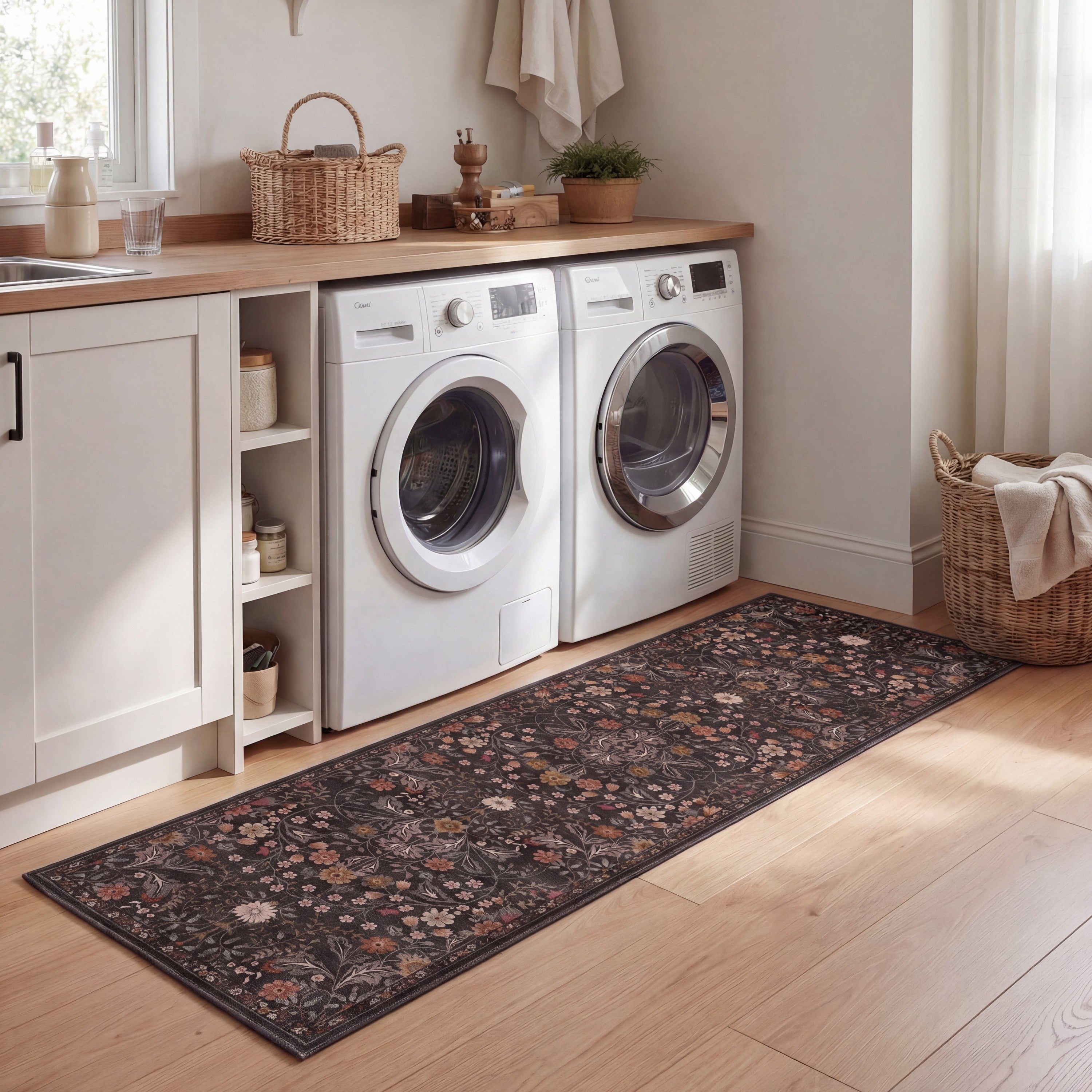 Primrose Art Nouveau Floral Border Non-Slip Machine-Washable Rug