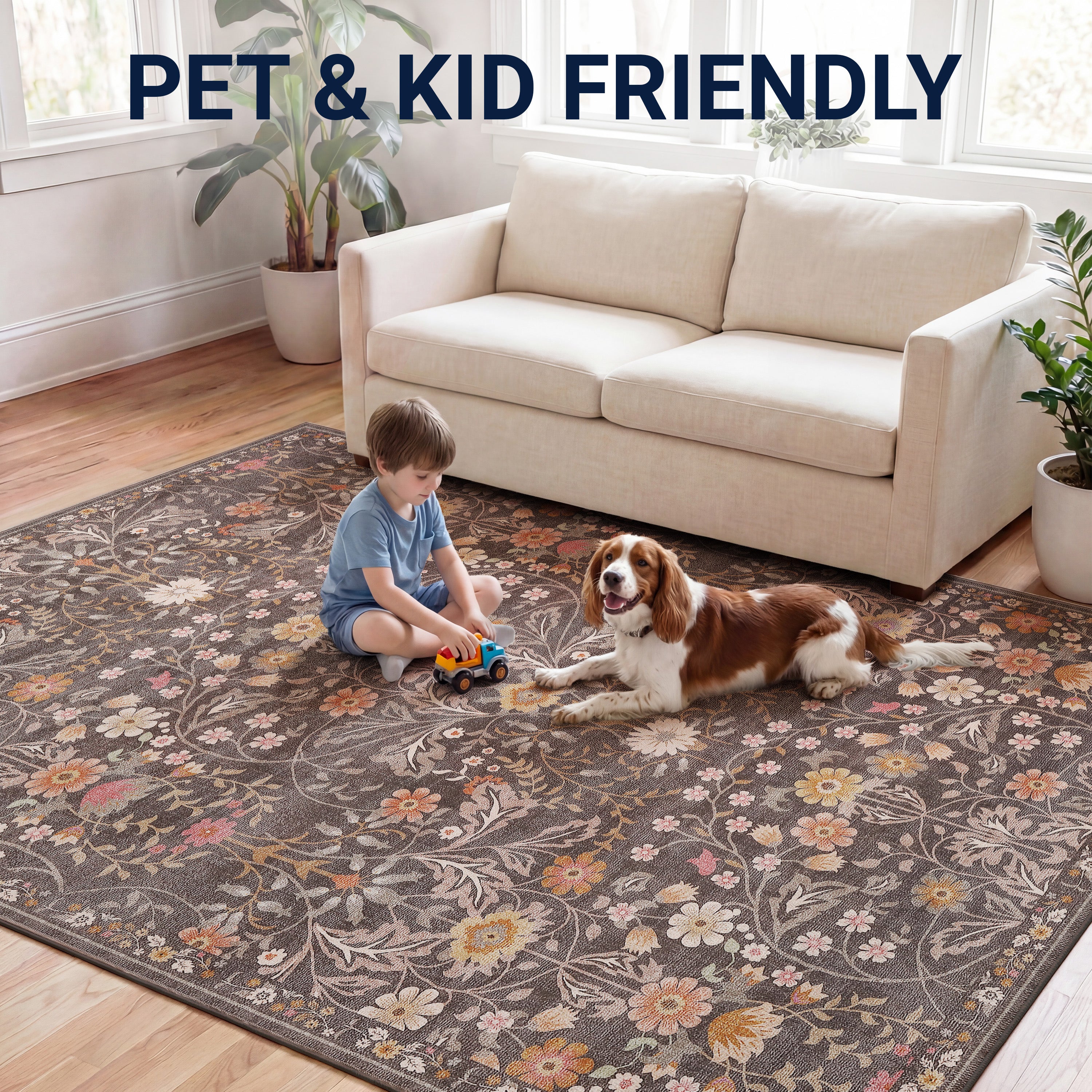 Primrose Art Nouveau Floral Border Non-Slip Machine-Washable Rug