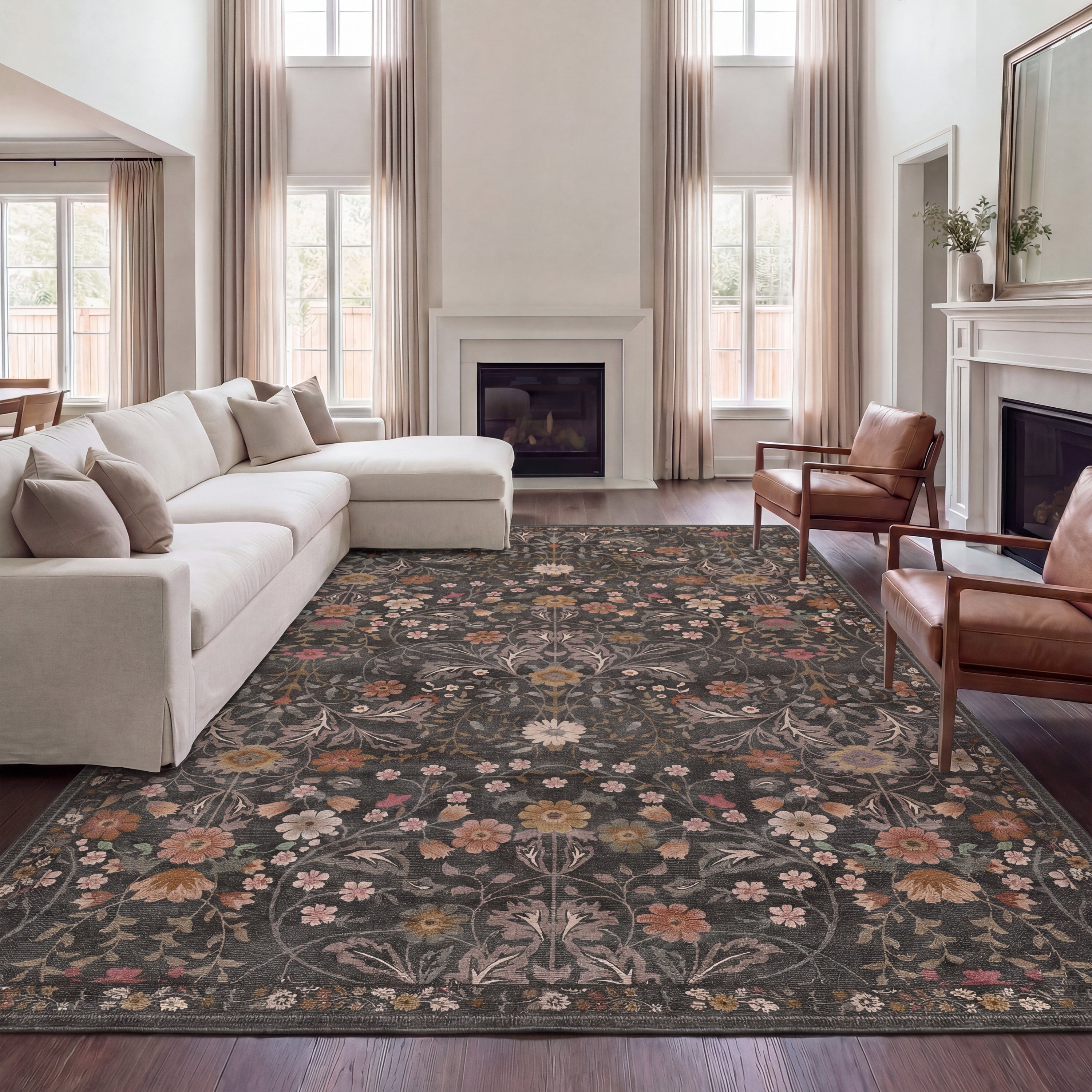 Primrose Art Nouveau Floral Border Non-Slip Machine-Washable Rug