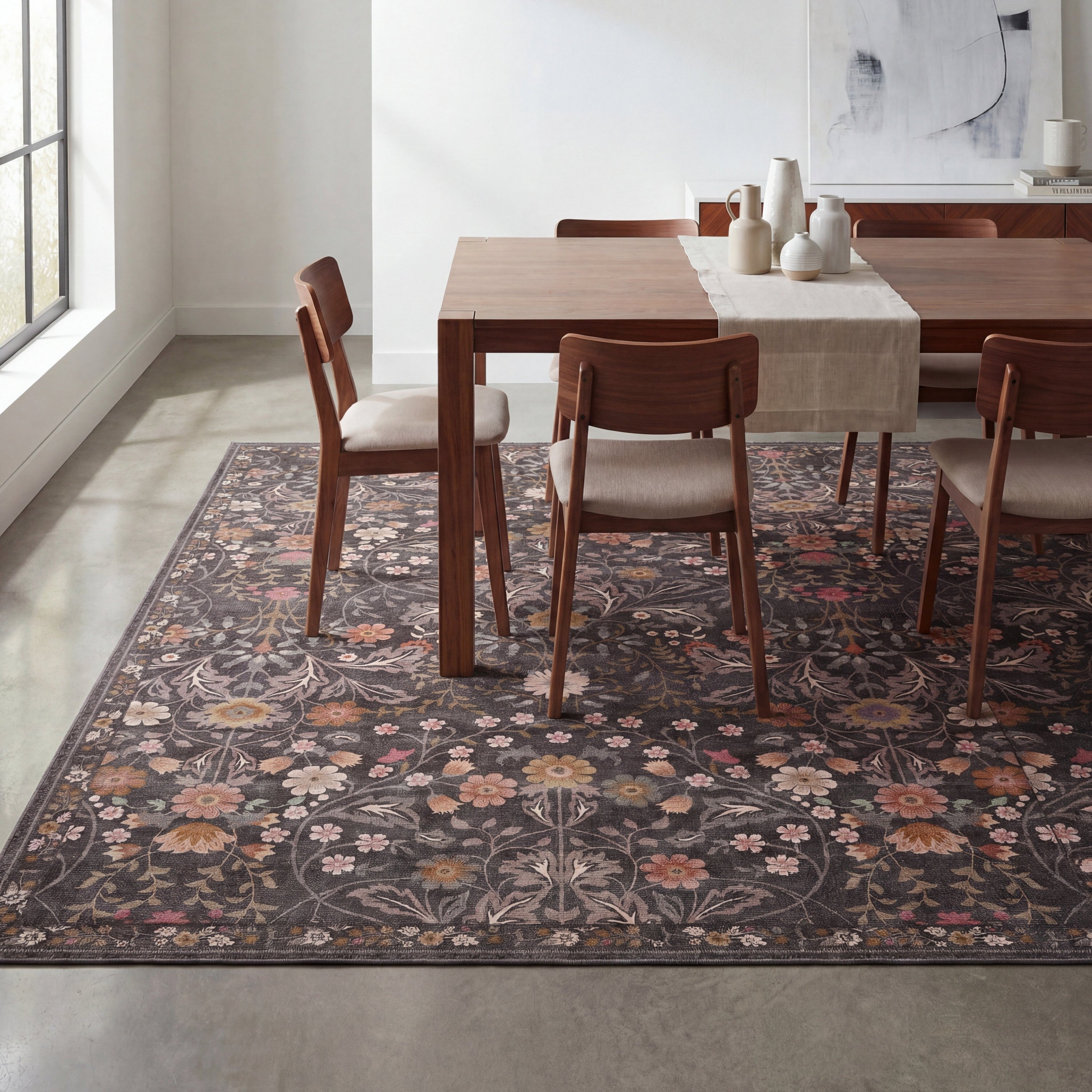 Primrose Art Nouveau Floral Border Non-Slip Machine-Washable Rug