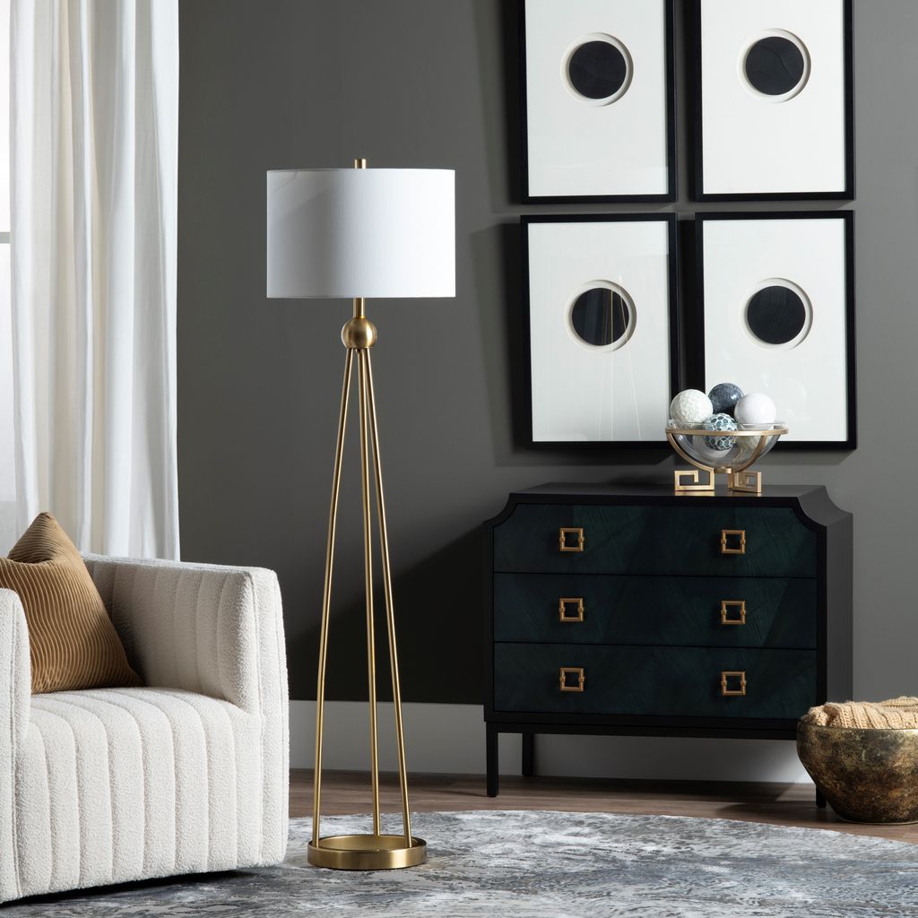 Gold Metal Tripod Floor Lamp With Shade