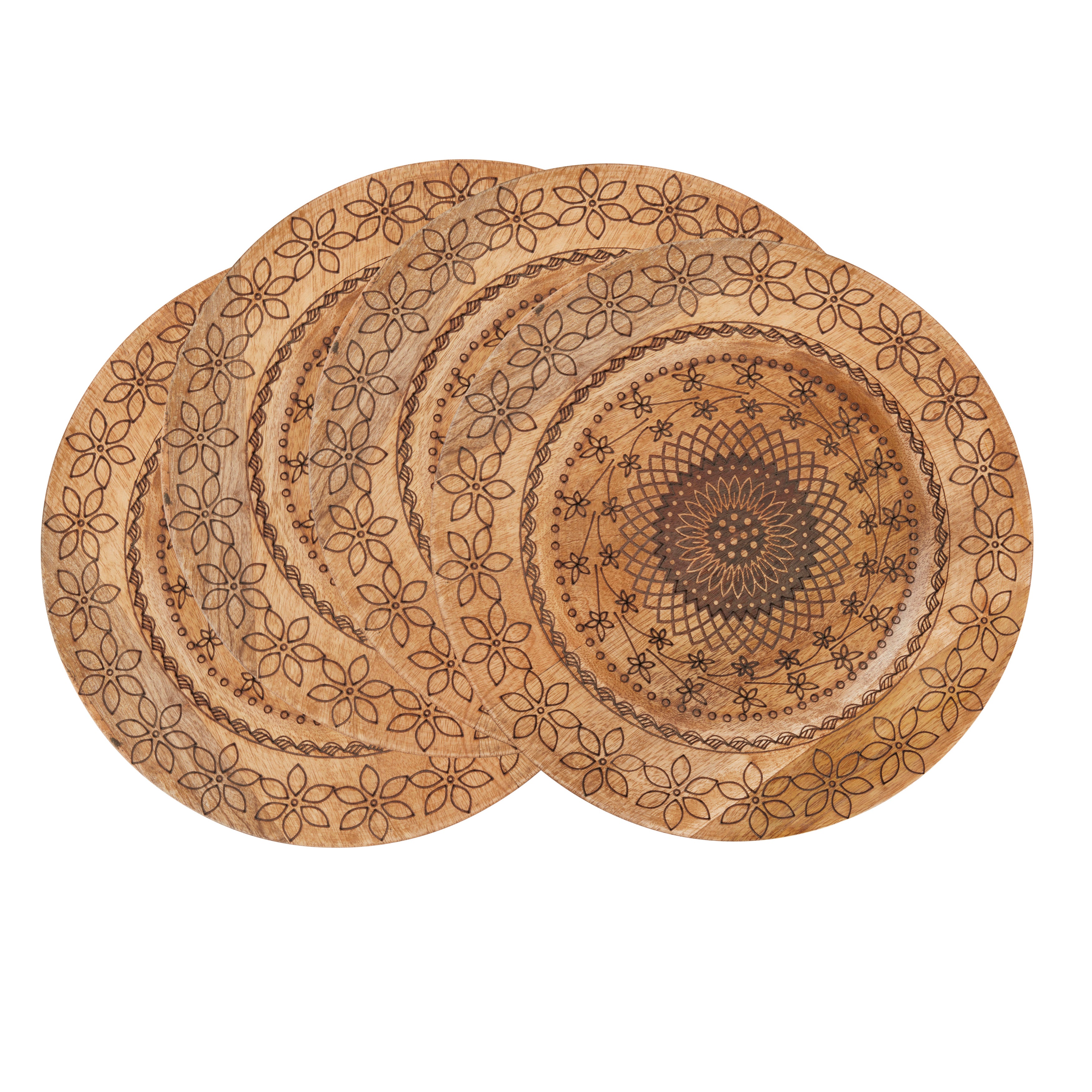 Carved Mango Wood Decorative Charger Plates, Set of 4