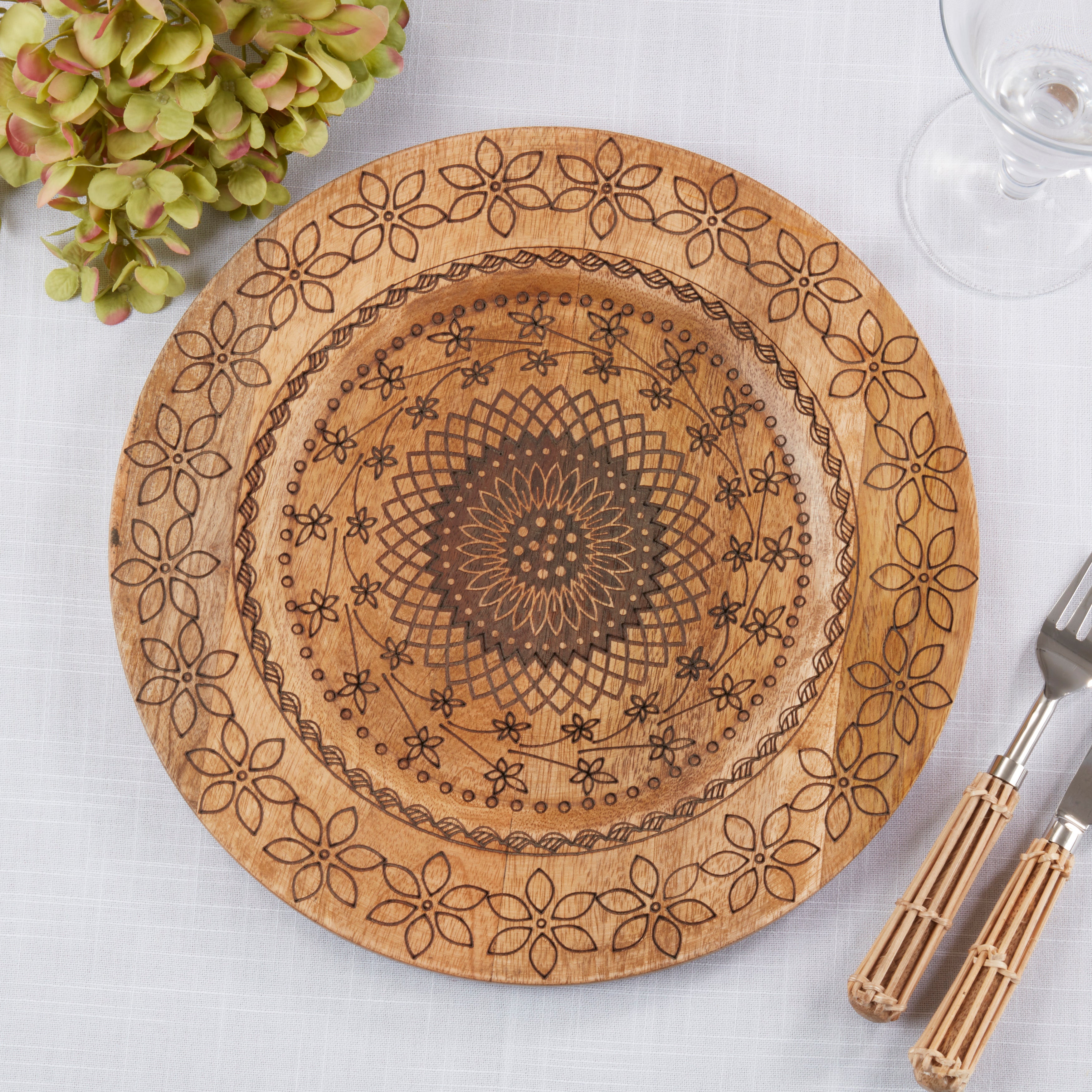 Carved Mango Wood Decorative Charger Plates, Set of 4
