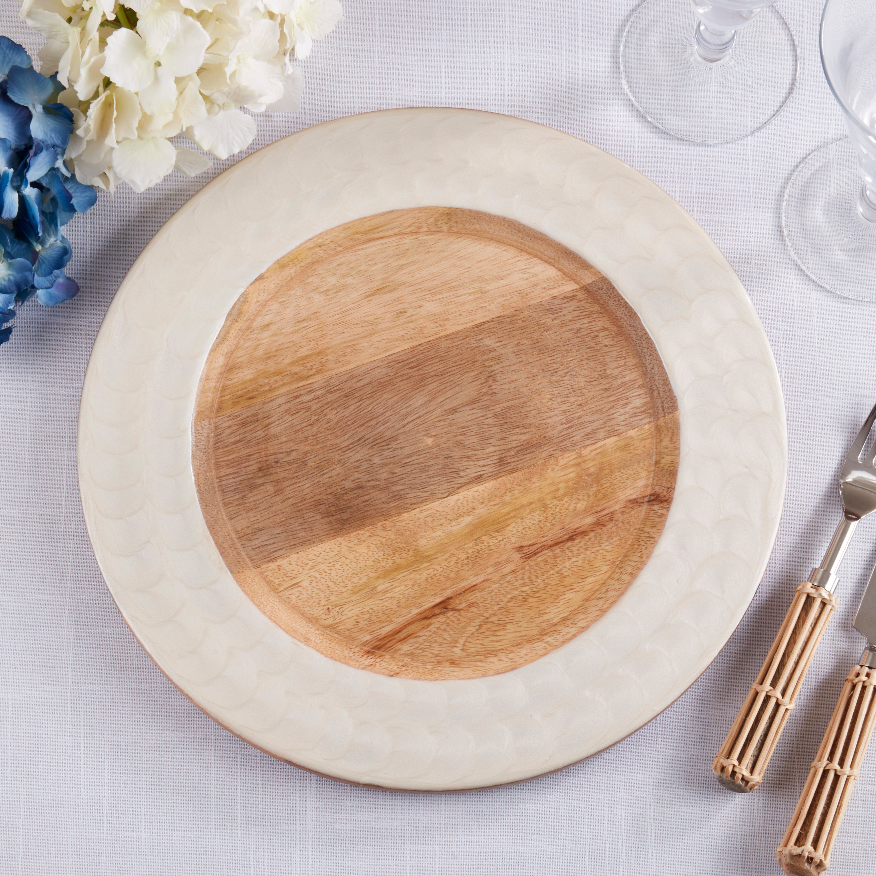 Mango Wood Decorative Charger Plates with White Rim, Set of 4